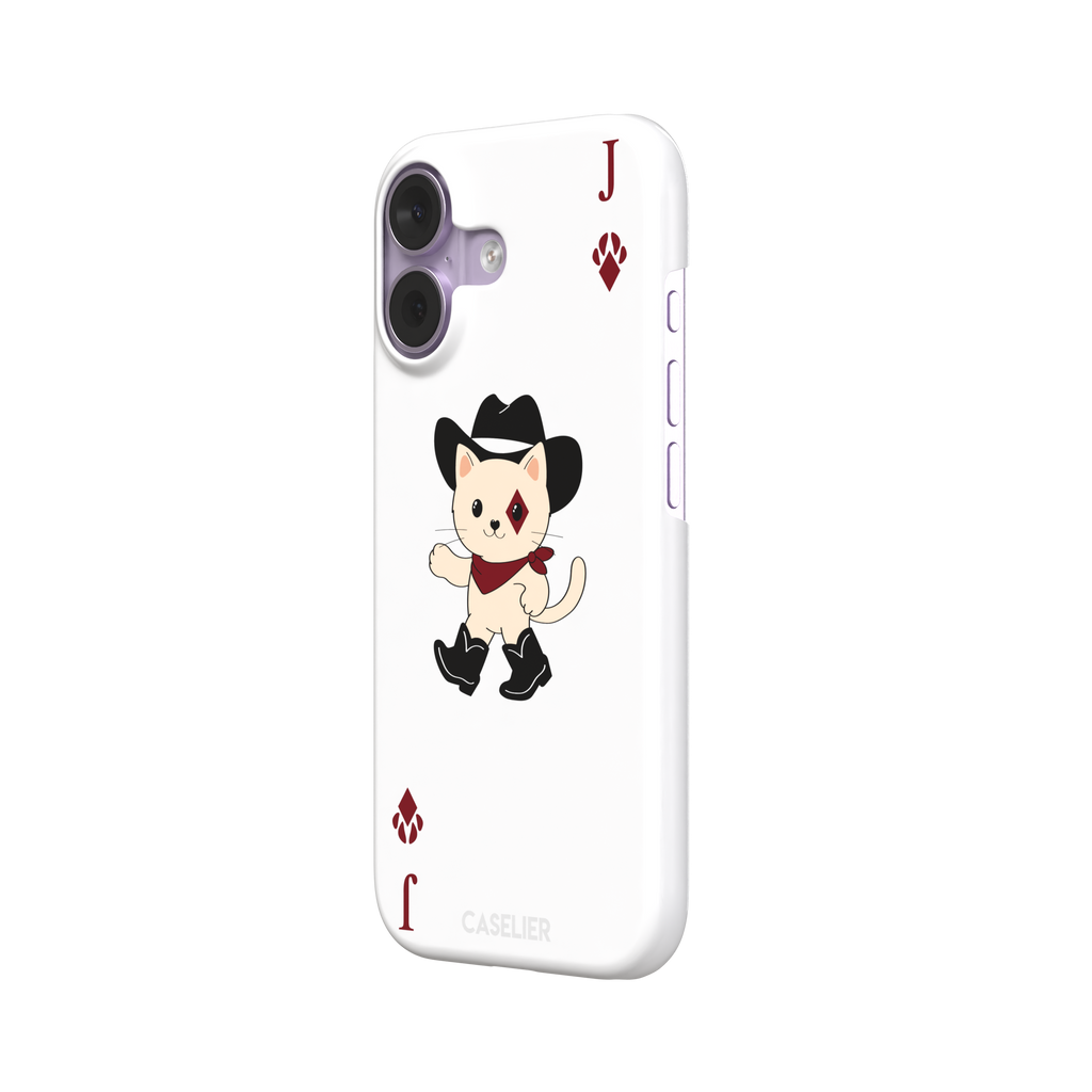 Jack of Diamonds Paw Decks phone case in white with a kawaii cowboy cat illustration and crimson paw-print diamond suit markers, phone case by Caselier — snap case, right view