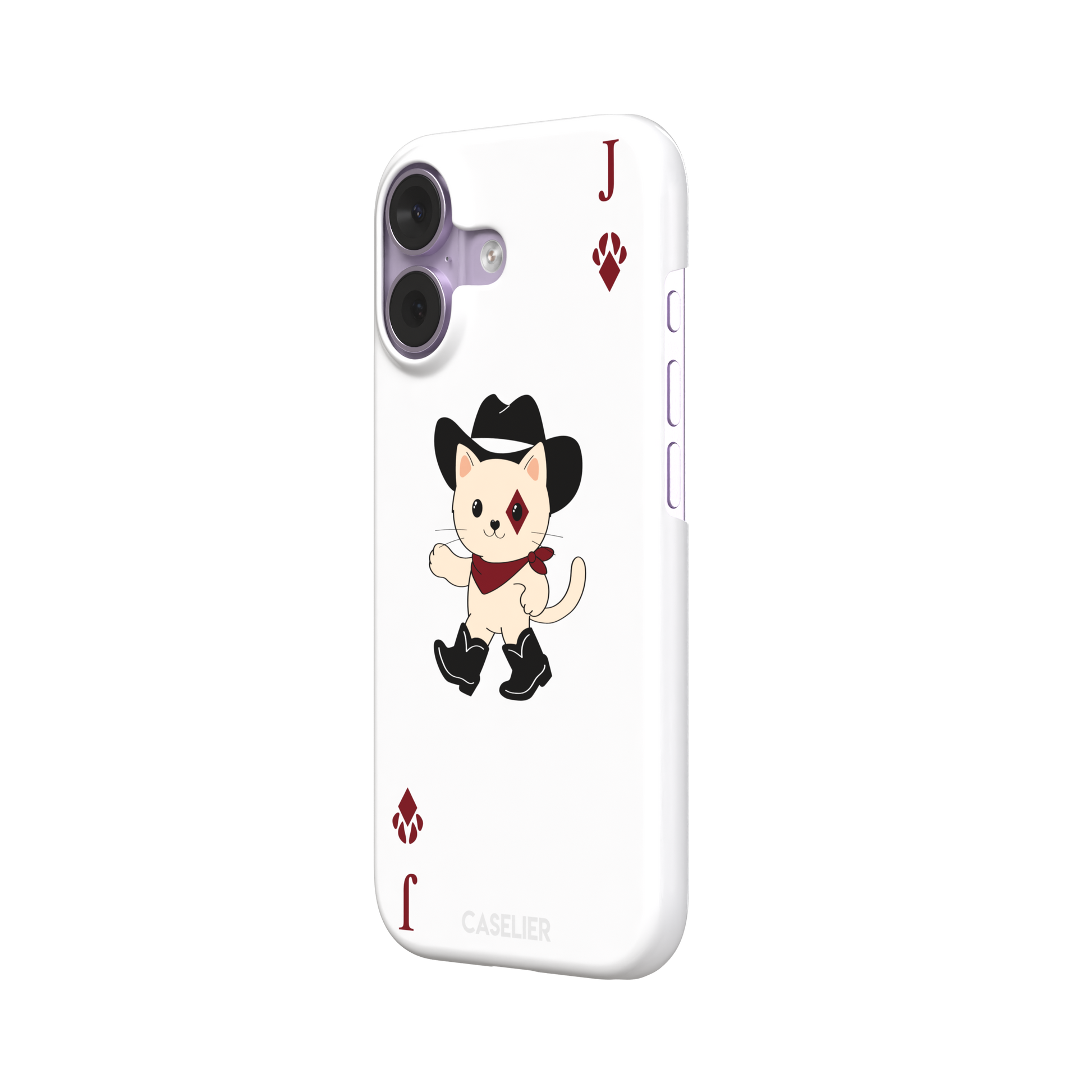 Jack of Diamonds Paw Decks phone case in white with a kawaii cowboy cat illustration and crimson paw-print diamond suit markers, phone case by Caselier — snap case, right view