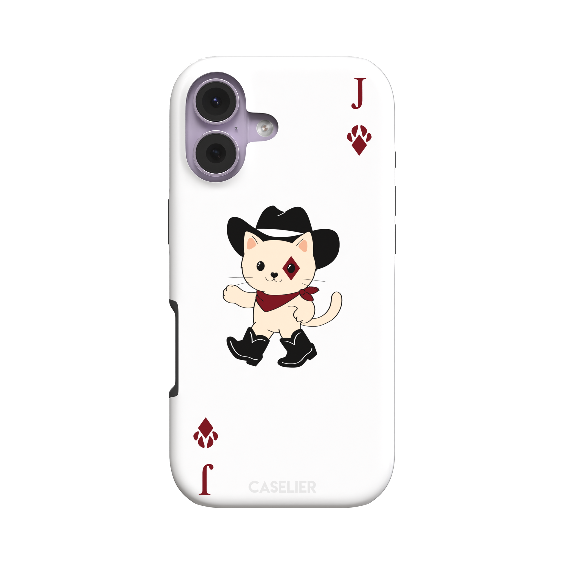 Jack of Diamonds Paw Decks phone case in white with a kawaii cowboy cat illustration and crimson paw-print diamond suit markers, phone case by Caselier — tough case, front view