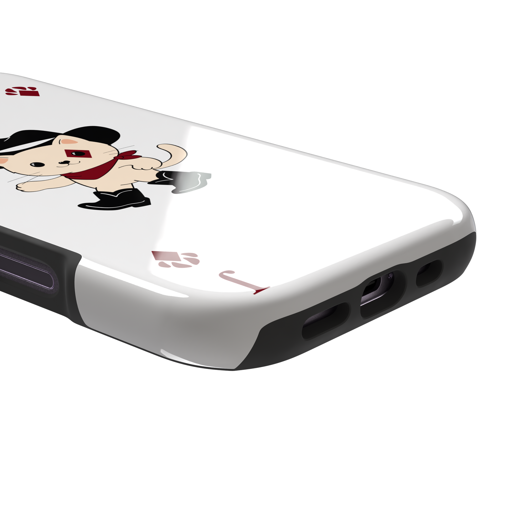 Jack of Diamonds Paw Decks phone case in white with a kawaii cowboy cat illustration and crimson paw-print diamond suit markers, phone case by Caselier — tough case, charging port detail
