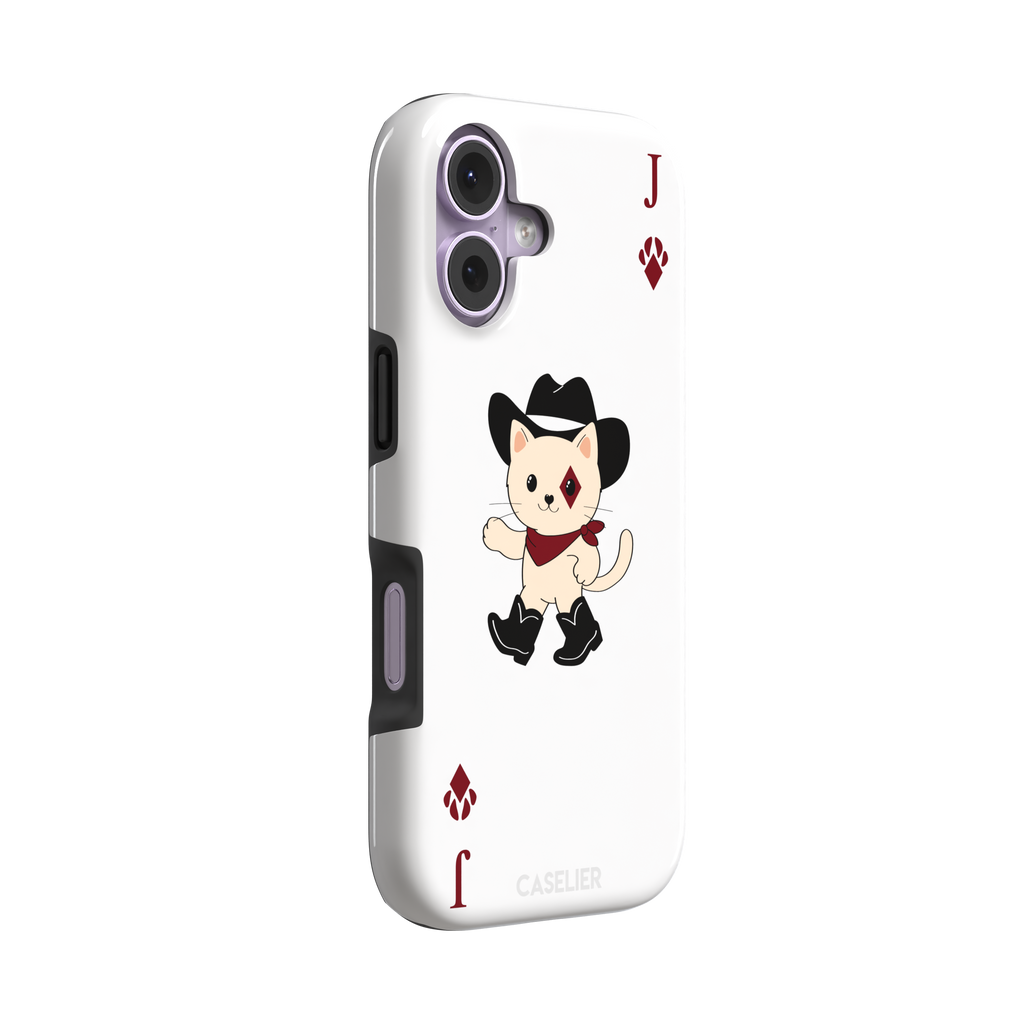 Jack of Diamonds Paw Decks phone case in white with a kawaii cowboy cat illustration and crimson paw-print diamond suit markers, phone case by Caselier — tough case, left view