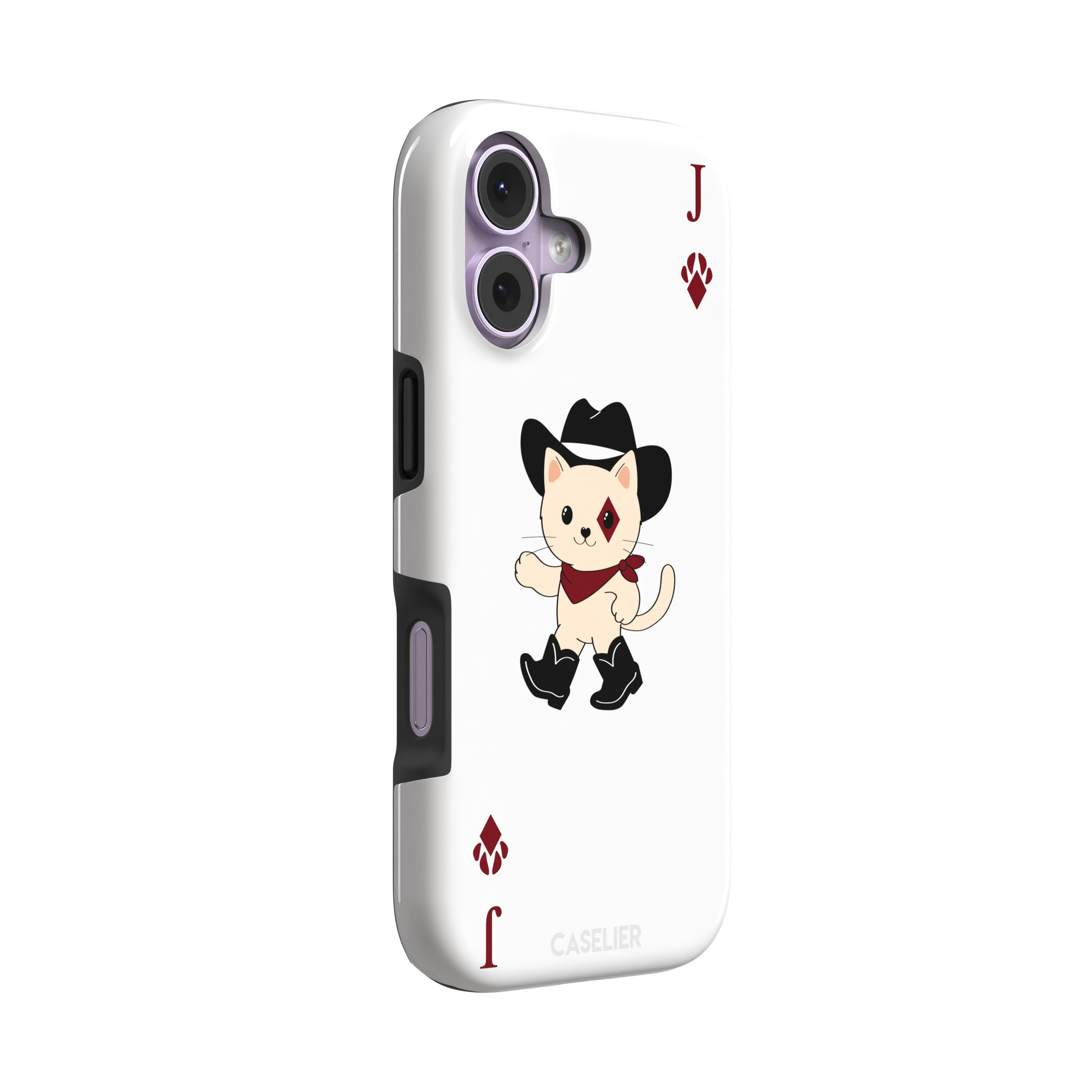 Jack of Diamonds Paw Decks phone case in white with a kawaii cowboy cat illustration and crimson paw-print diamond suit markers, phone case by Caselier — tough case, left view
