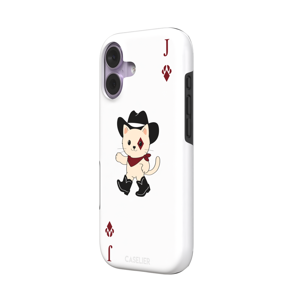 Jack of Diamonds Paw Decks phone case in white with a kawaii cowboy cat illustration and crimson paw-print diamond suit markers, phone case by Caselier — tough case, right view