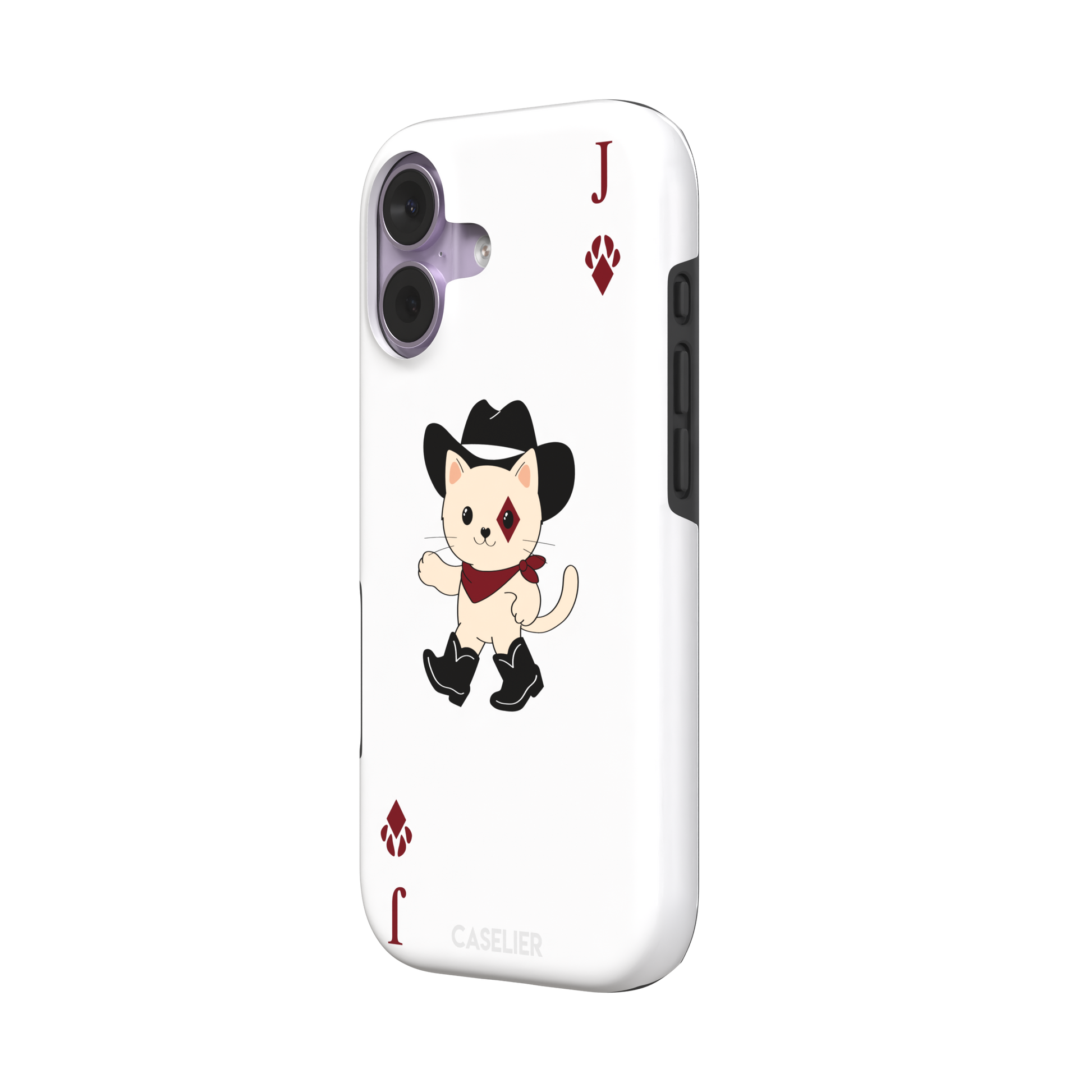 Jack of Diamonds Paw Decks phone case in white with a kawaii cowboy cat illustration and crimson paw-print diamond suit markers, phone case by Caselier — tough case, right view