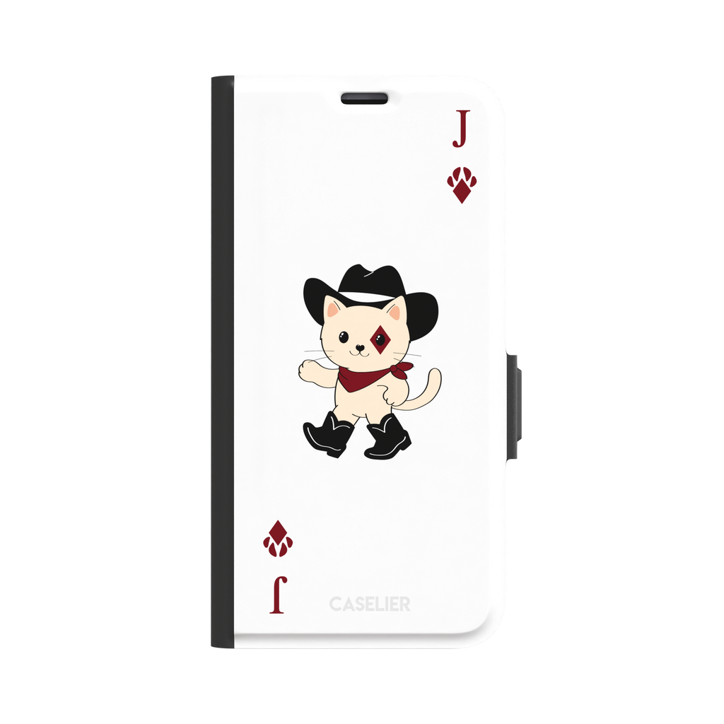 Jack of Diamonds Paw Decks phone case in white with a kawaii cowboy cat illustration and crimson paw-print diamond suit markers, phone case by Caselier — wallet case, front view