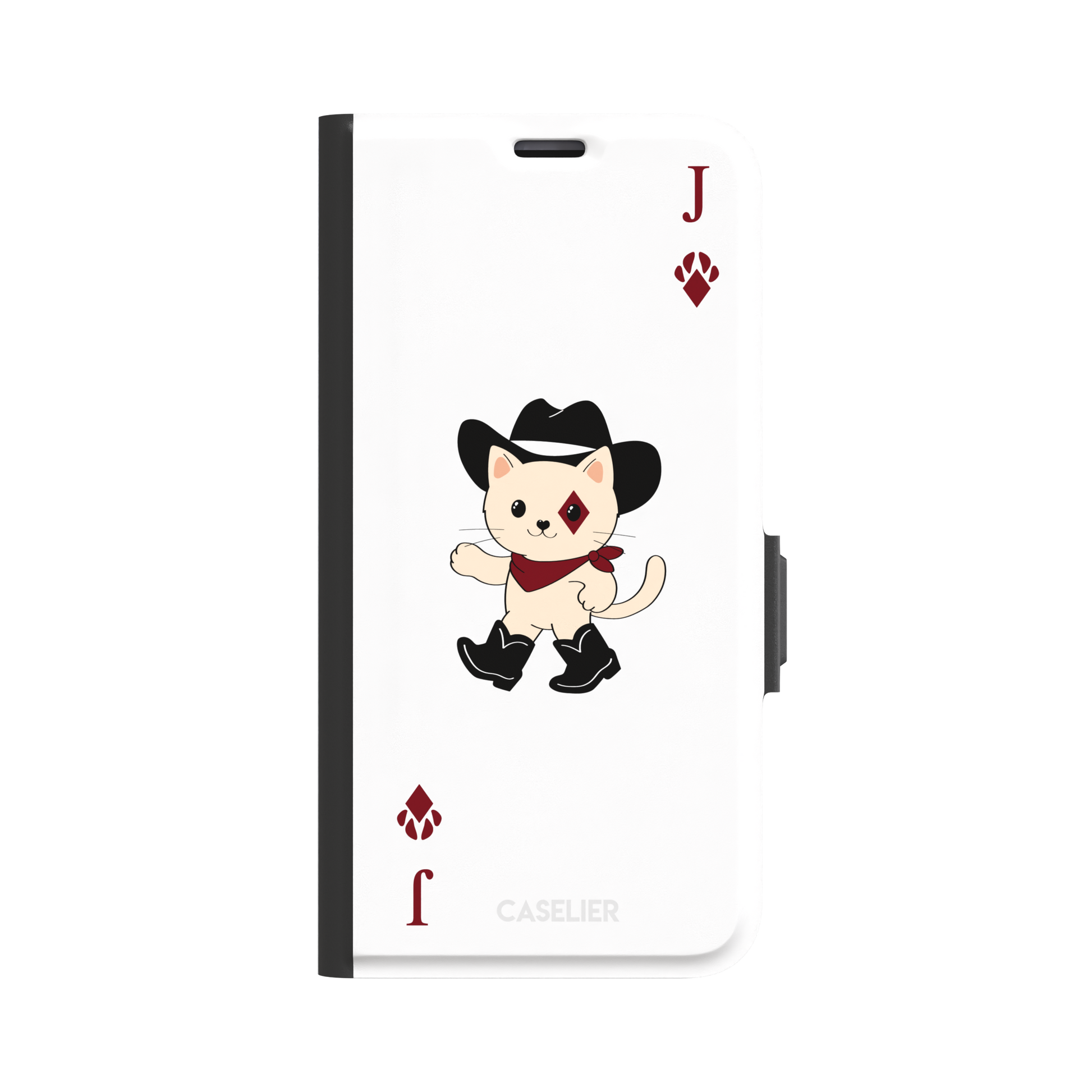 Jack of Diamonds Paw Decks phone case in white with a kawaii cowboy cat illustration and crimson paw-print diamond suit markers, phone case by Caselier — wallet case, front view
