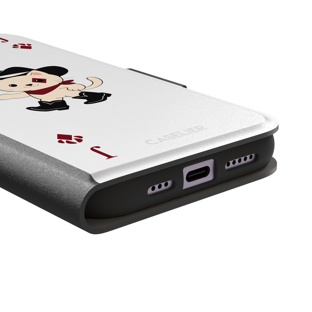 Jack of Diamonds Paw Decks phone case in white with a kawaii cowboy cat illustration and crimson paw-print diamond suit markers, phone case by Caselier — wallet case, charging port detail
