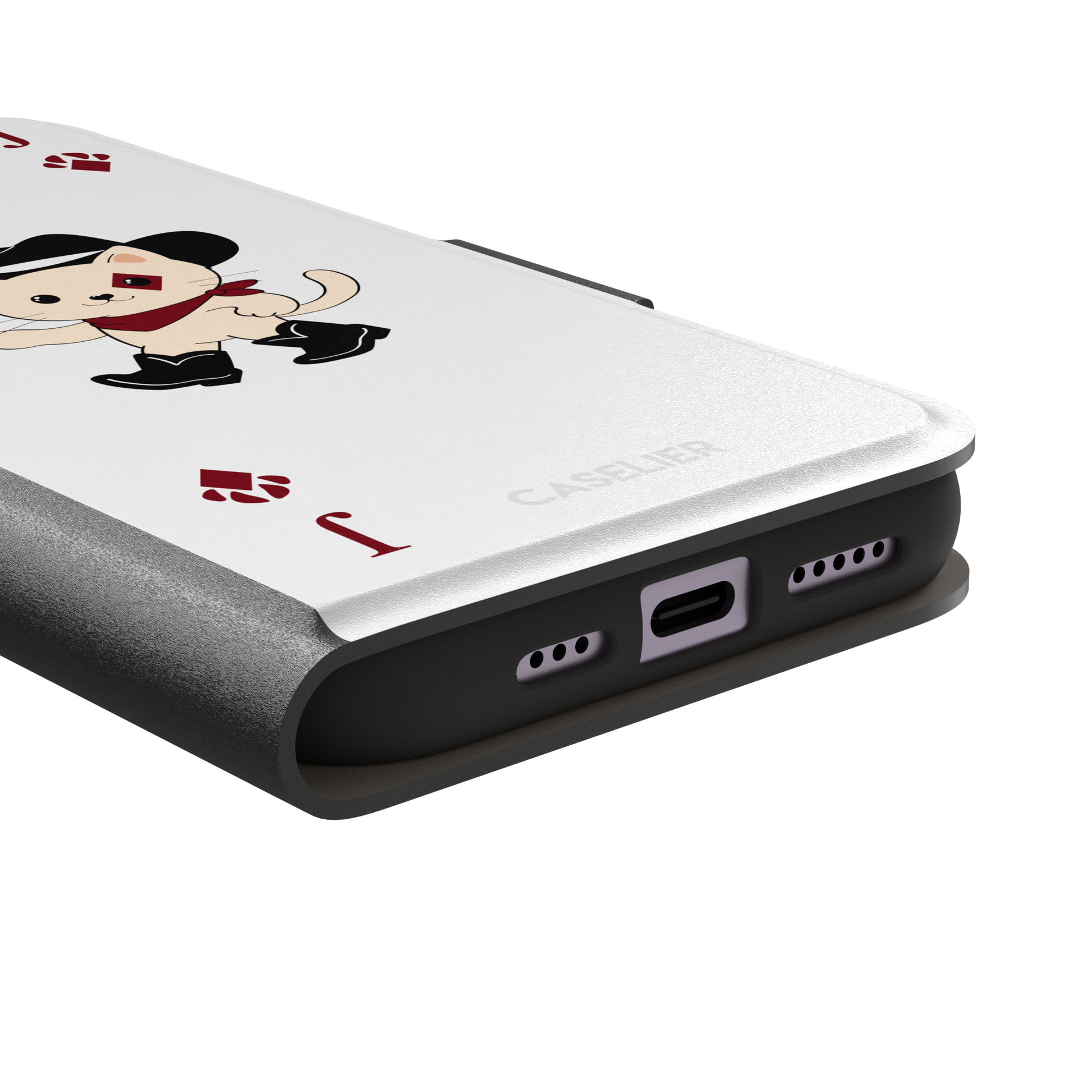 Jack of Diamonds Paw Decks phone case in white with a kawaii cowboy cat illustration and crimson paw-print diamond suit markers, phone case by Caselier — wallet case, charging port detail