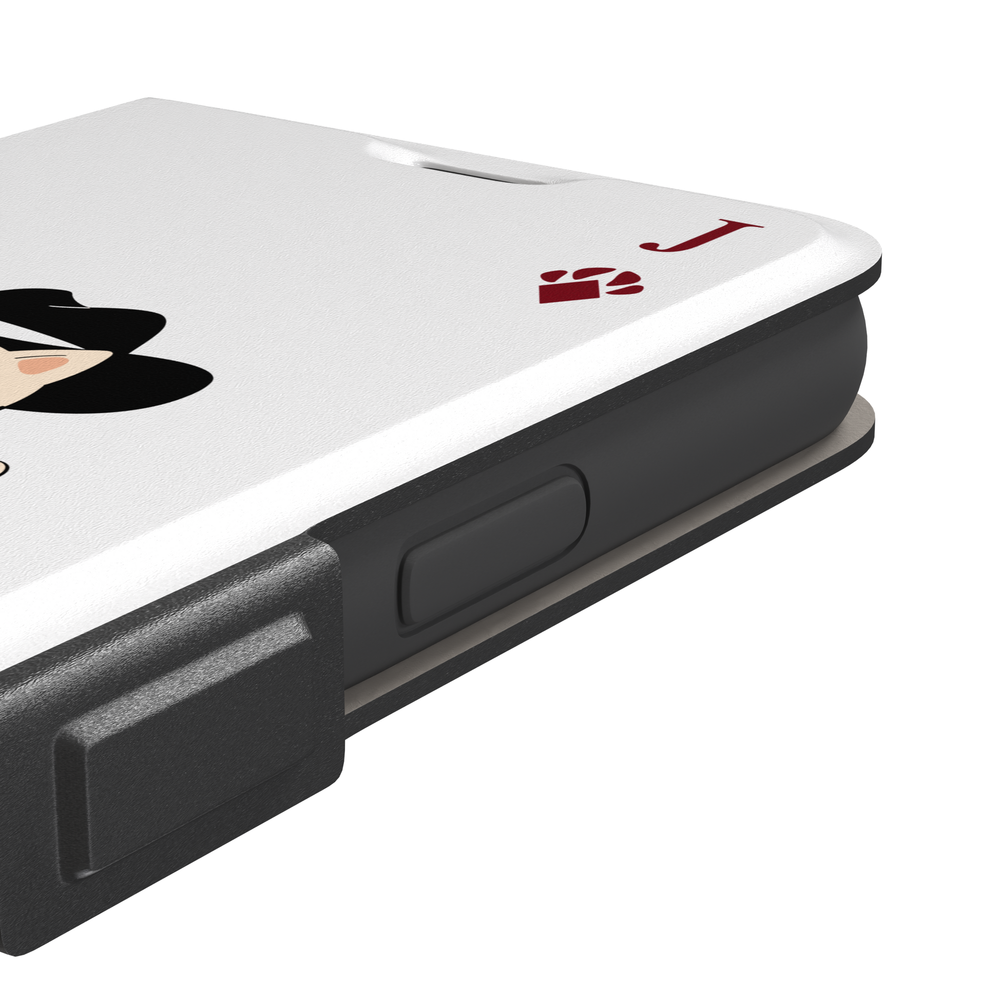 Jack of Diamonds Paw Decks phone case in white with a kawaii cowboy cat illustration and crimson paw-print diamond suit markers, phone case by Caselier — wallet case, volume buttons detail