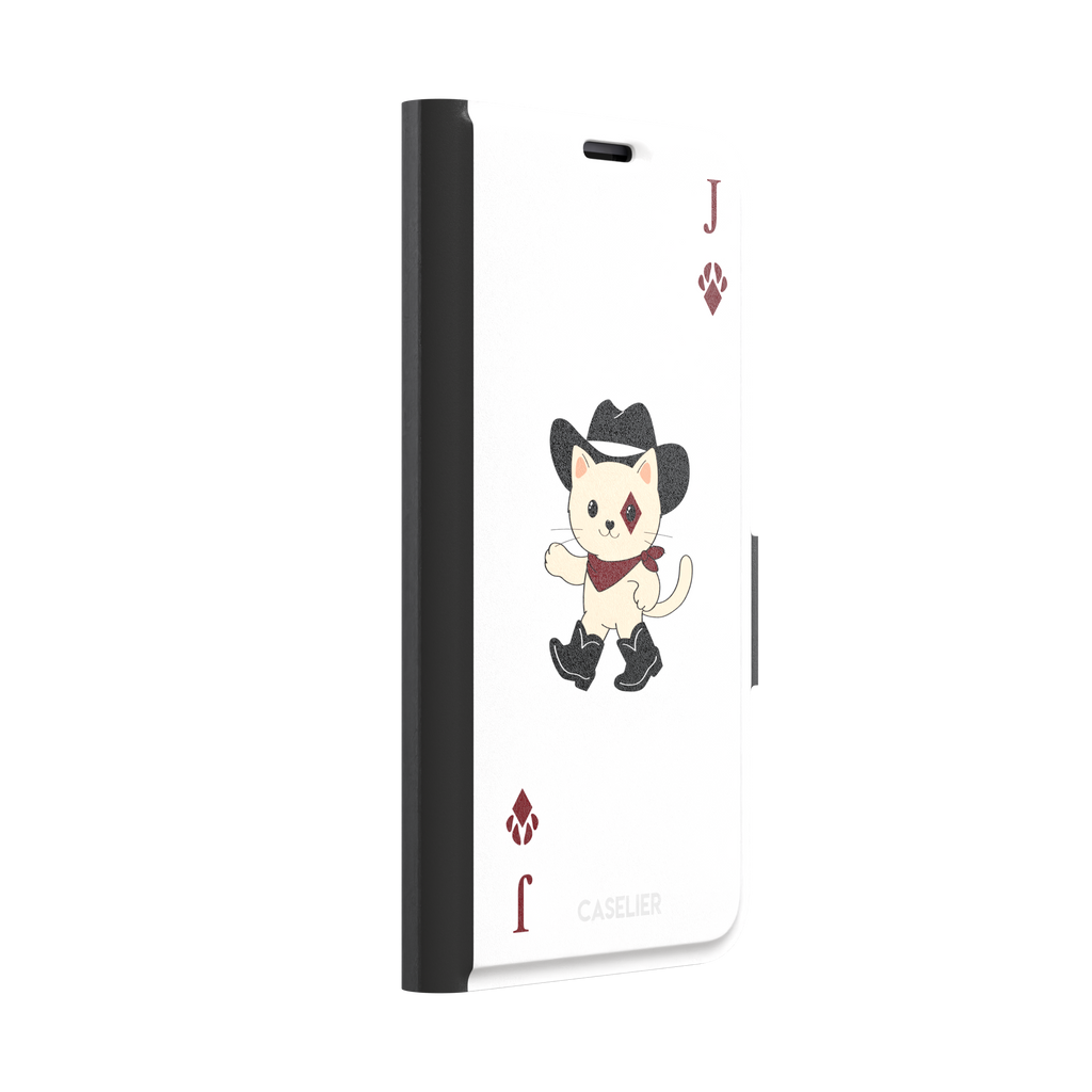 Jack of Diamonds Paw Decks phone case in white with a kawaii cowboy cat illustration and crimson paw-print diamond suit markers, phone case by Caselier — wallet case, left view