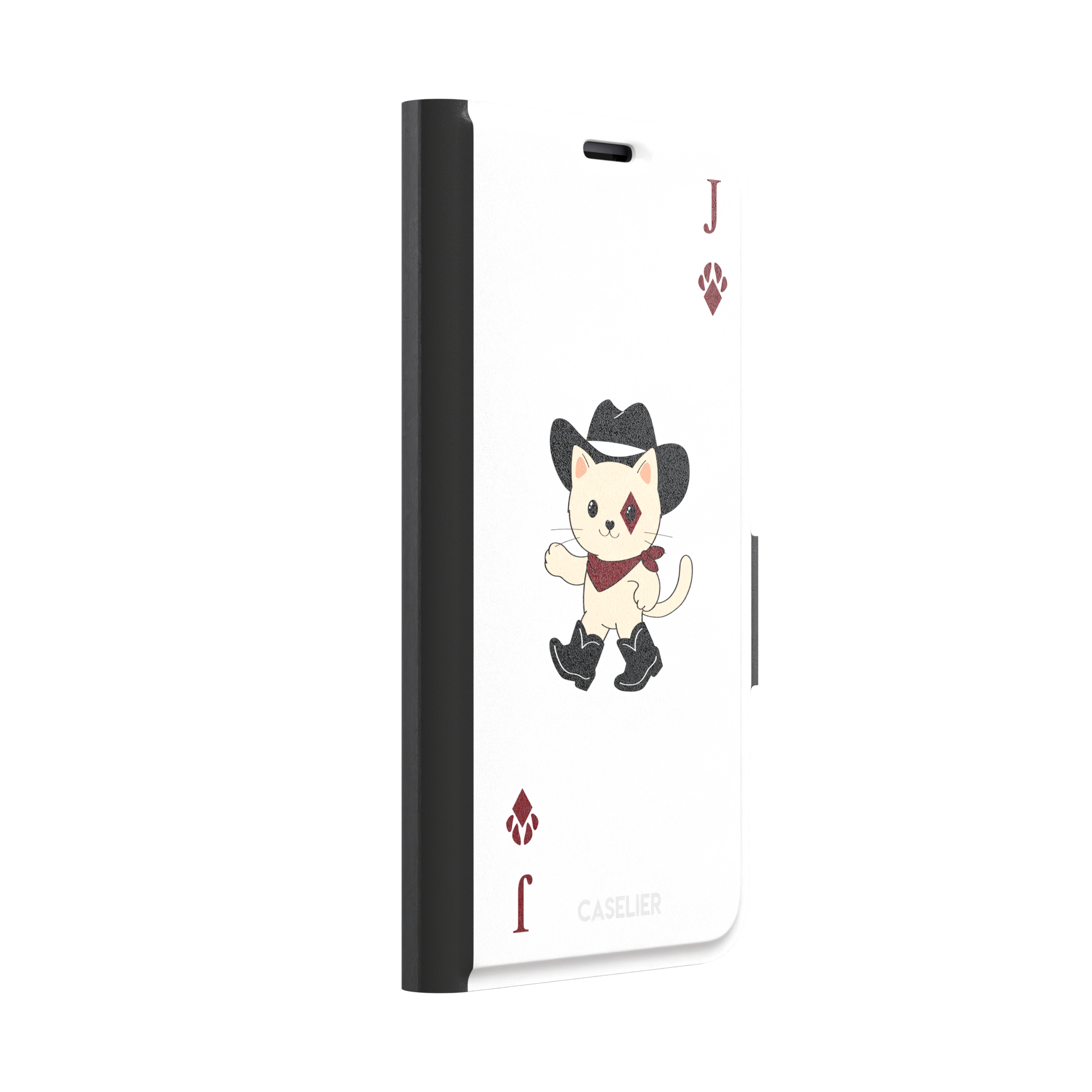 Jack of Diamonds Paw Decks phone case in white with a kawaii cowboy cat illustration and crimson paw-print diamond suit markers, phone case by Caselier — wallet case, left view
