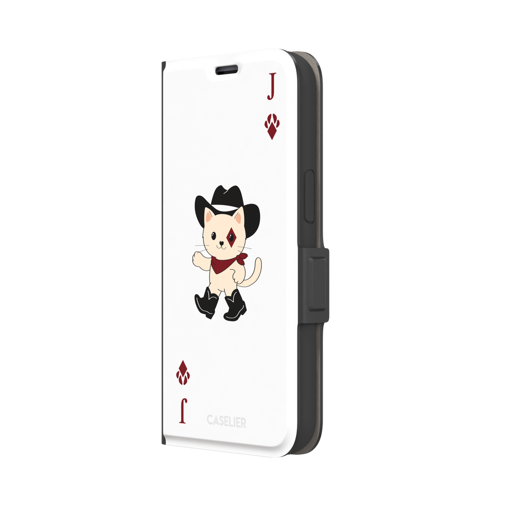 Jack of Diamonds Paw Decks phone case in white with a kawaii cowboy cat illustration and crimson paw-print diamond suit markers, phone case by Caselier — wallet case, right view