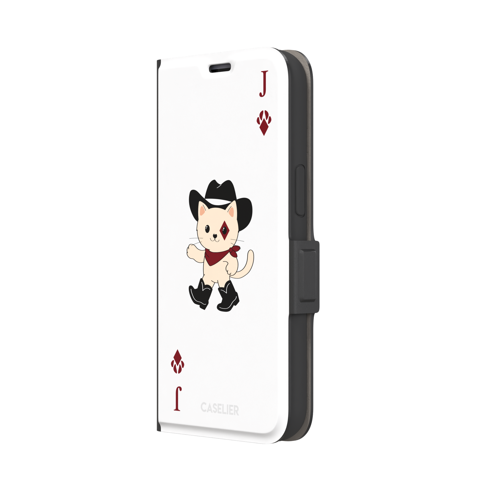 Jack of Diamonds Paw Decks phone case in white with a kawaii cowboy cat illustration and crimson paw-print diamond suit markers, phone case by Caselier — wallet case, right view