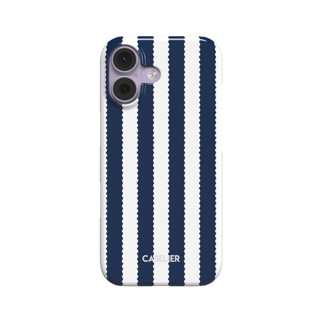 Jagged Stripes phone case in navy blue and white, broad vertical stripes with wavy zigzag edges, slim snap case, front-facing view on white background, phone case by Caselier - snap case, front view | Caselier