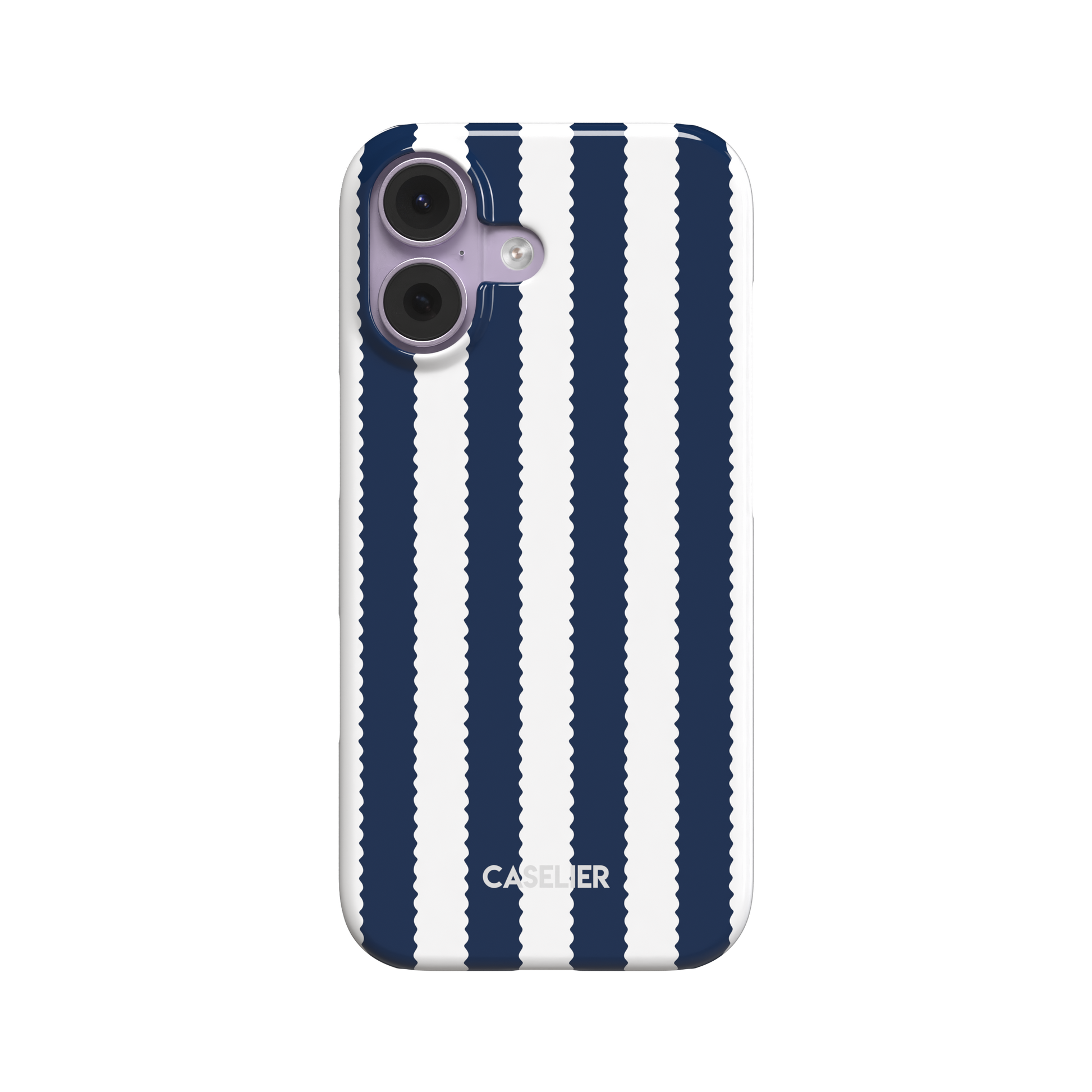 Jagged Stripes phone case in navy blue and white, broad vertical stripes with wavy zigzag edges, slim snap case, front-facing view on white background, phone case by Caselier - snap case, front view | Caselier