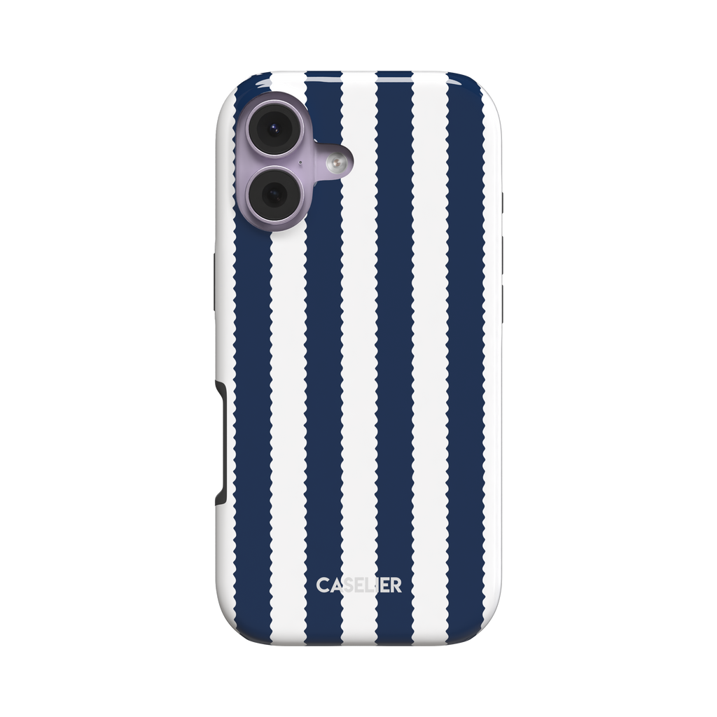 Jagged Stripes phone case in navy blue and white, broad vertical stripes with wavy zigzag edges, slim snap case, angled side view showing card slot cutout on white background, phone case by Caselier - tough case, front view | Caselier