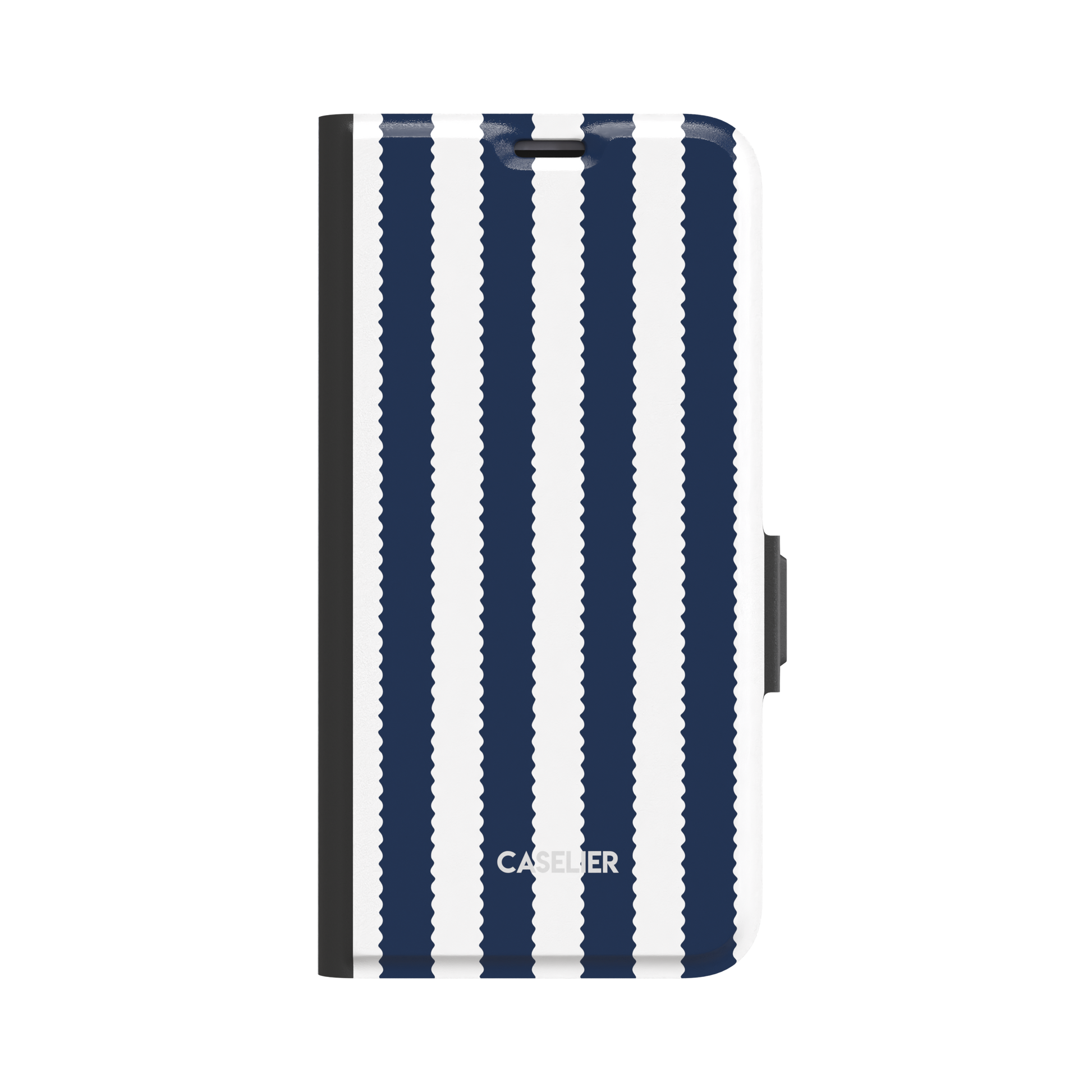 Jagged Stripes folio wallet case in navy blue and white, broad vertical stripes with wavy zigzag edges, closed folio style with black spine and side clasp, front-facing view on white background, phone case by Caselier - wallet case, front view | Caselier
