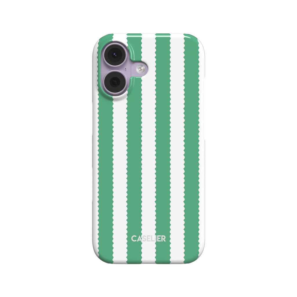 Jagged Stripes phone case in green and white, broad vertical stripes with wavy zigzag edges, slim snap case, front-facing view on white background, phone case by Caselier - snap case, front view | Caselier