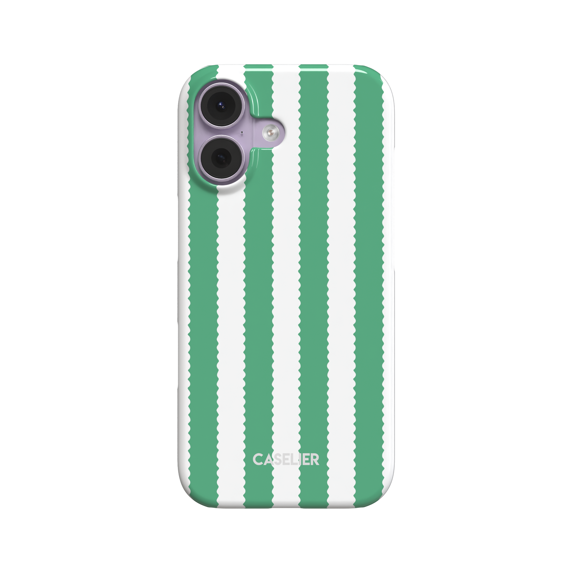 Jagged Stripes phone case in green and white, broad vertical stripes with wavy zigzag edges, slim snap case, front-facing view on white background, phone case by Caselier - snap case, front view | Caselier