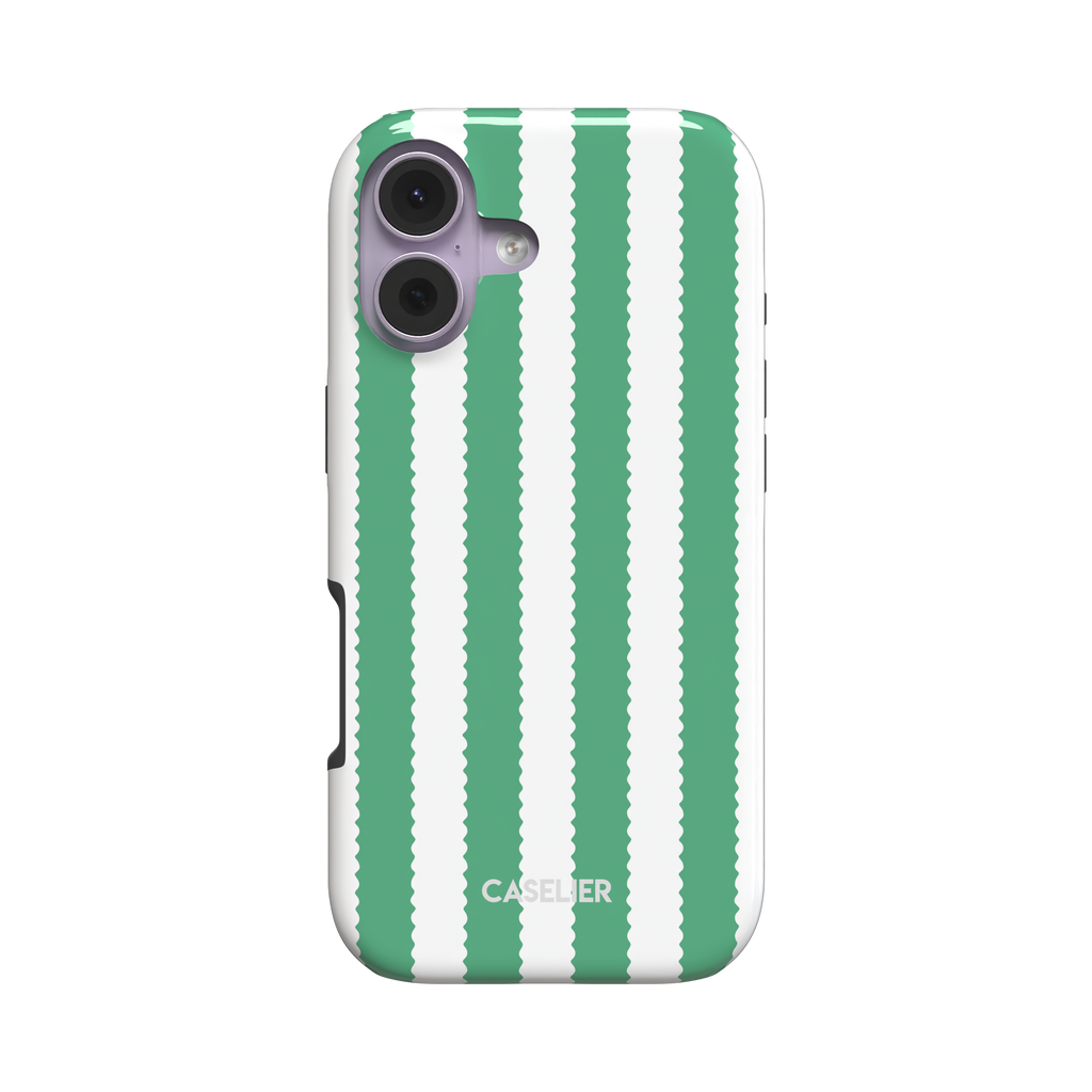 Jagged Stripes phone case in green and white, broad vertical stripes with wavy zigzag edges, slim snap case, angled side view showing card slot cutout on white background, phone case by Caselier - tough case, front view | Caselier