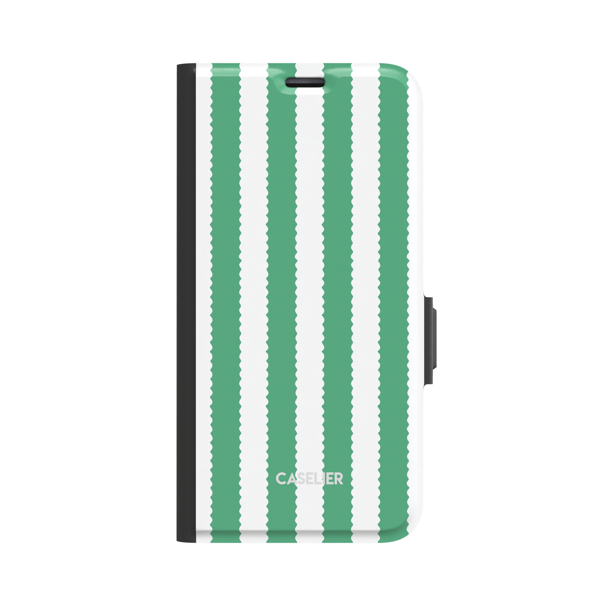 Jagged Stripes folio wallet case in green and white, broad vertical stripes with wavy zigzag edges, closed folio style with black spine and side clasp, front-facing view on white background, phone case by Caselier - wallet case, front view | Caselier