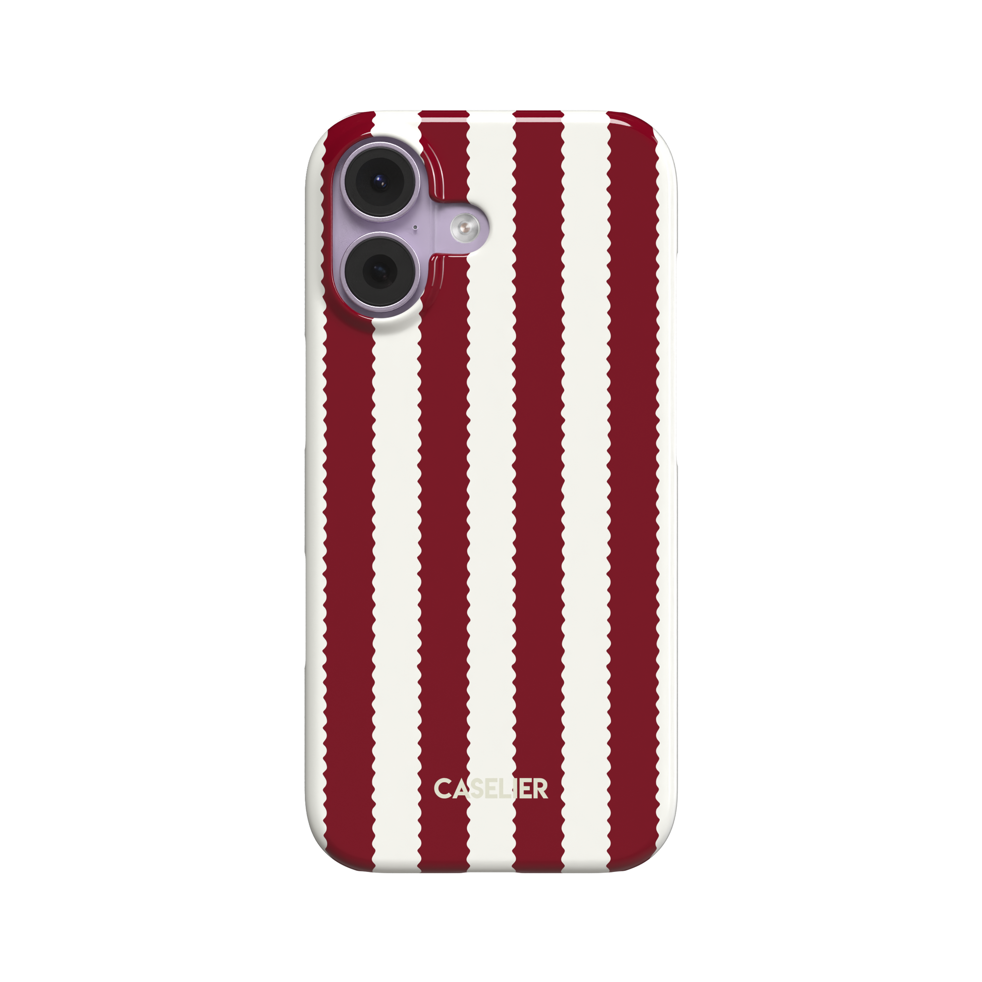 Jagged Stripes phone case in deep red and off-white, broad vertical stripes with wavy zigzag edges, slim snap case, front-facing view on white background, phone case by Caselier - snap case, front view | Caselier