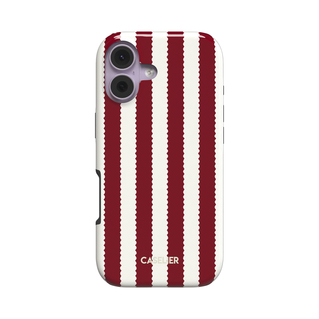 Jagged Stripes phone case in deep red and off-white, broad vertical stripes with wavy zigzag edges, slim snap case, angled side view showing card slot cutout on white background, phone case by Caselier - tough case, front view | Caselier