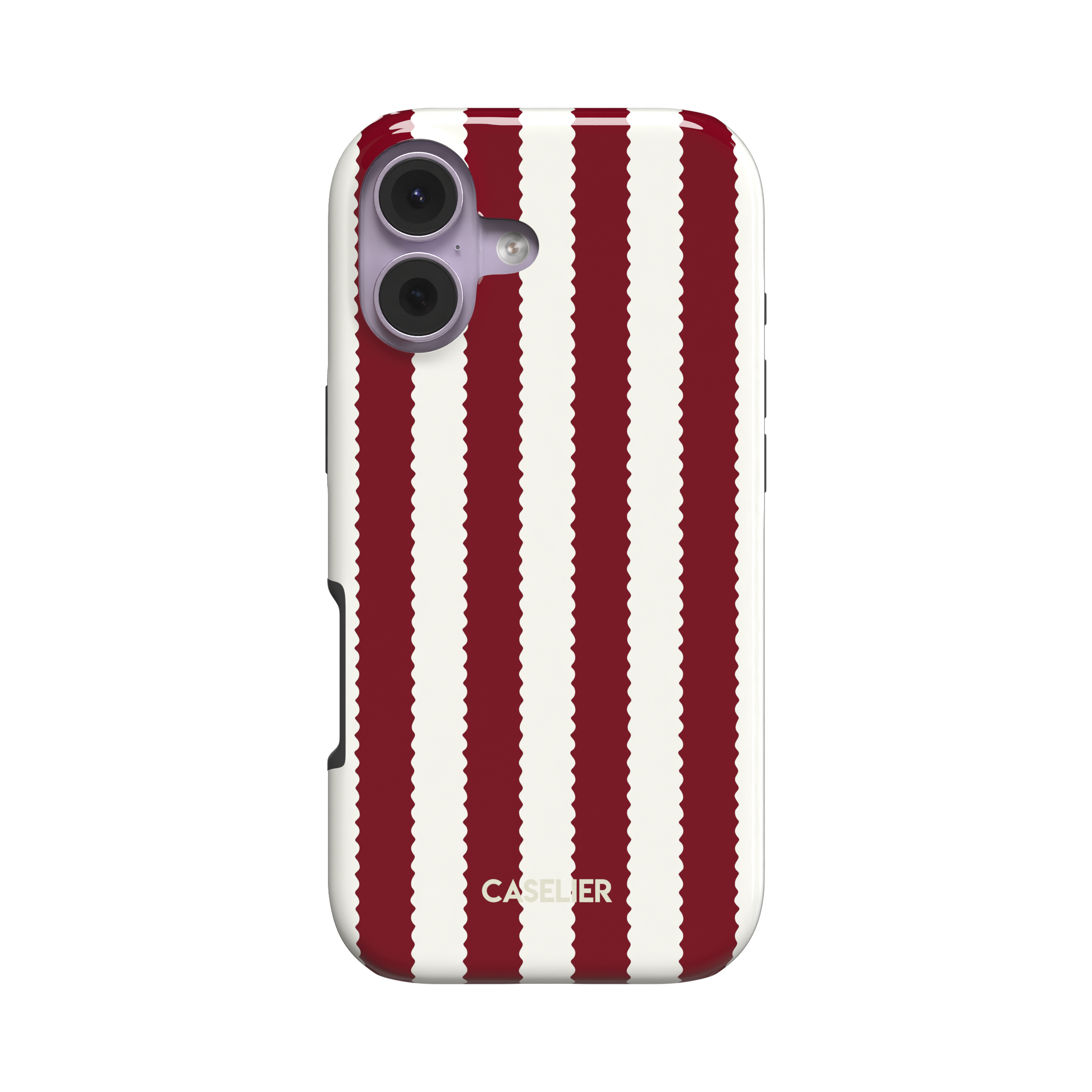 Jagged Stripes phone case in deep red and off-white, broad vertical stripes with wavy zigzag edges, slim snap case, angled side view showing card slot cutout on white background, phone case by Caselier - tough case, front view | Caselier