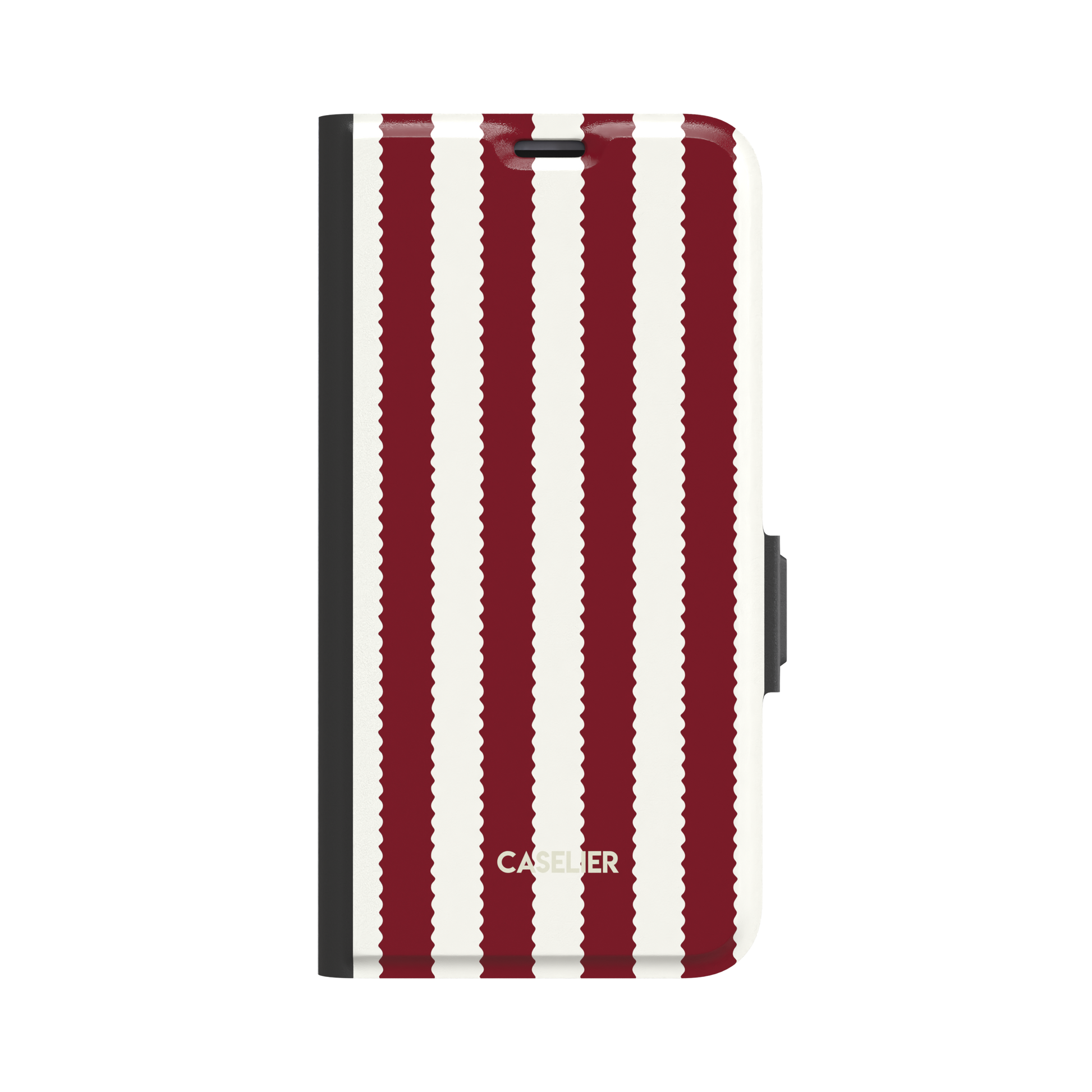 Jagged Stripes folio wallet case in deep red and off-white, broad vertical stripes with wavy zigzag edges, closed folio style with black spine and side clasp, front-facing view on white background, phone case by Caselier - wallet case, front view | Caselier