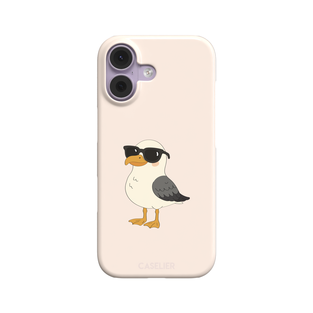 James Mc'Cool phone case featuring a chubby cartoon seagull wearing black sunglasses on a soft cream background, phone case by Caselier — snap case, front view