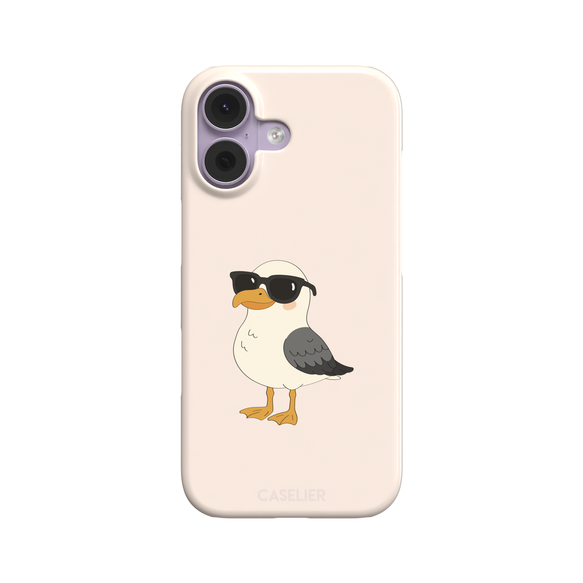 James Mc'Cool phone case featuring a chubby cartoon seagull wearing black sunglasses on a soft cream background, phone case by Caselier — snap case, front view