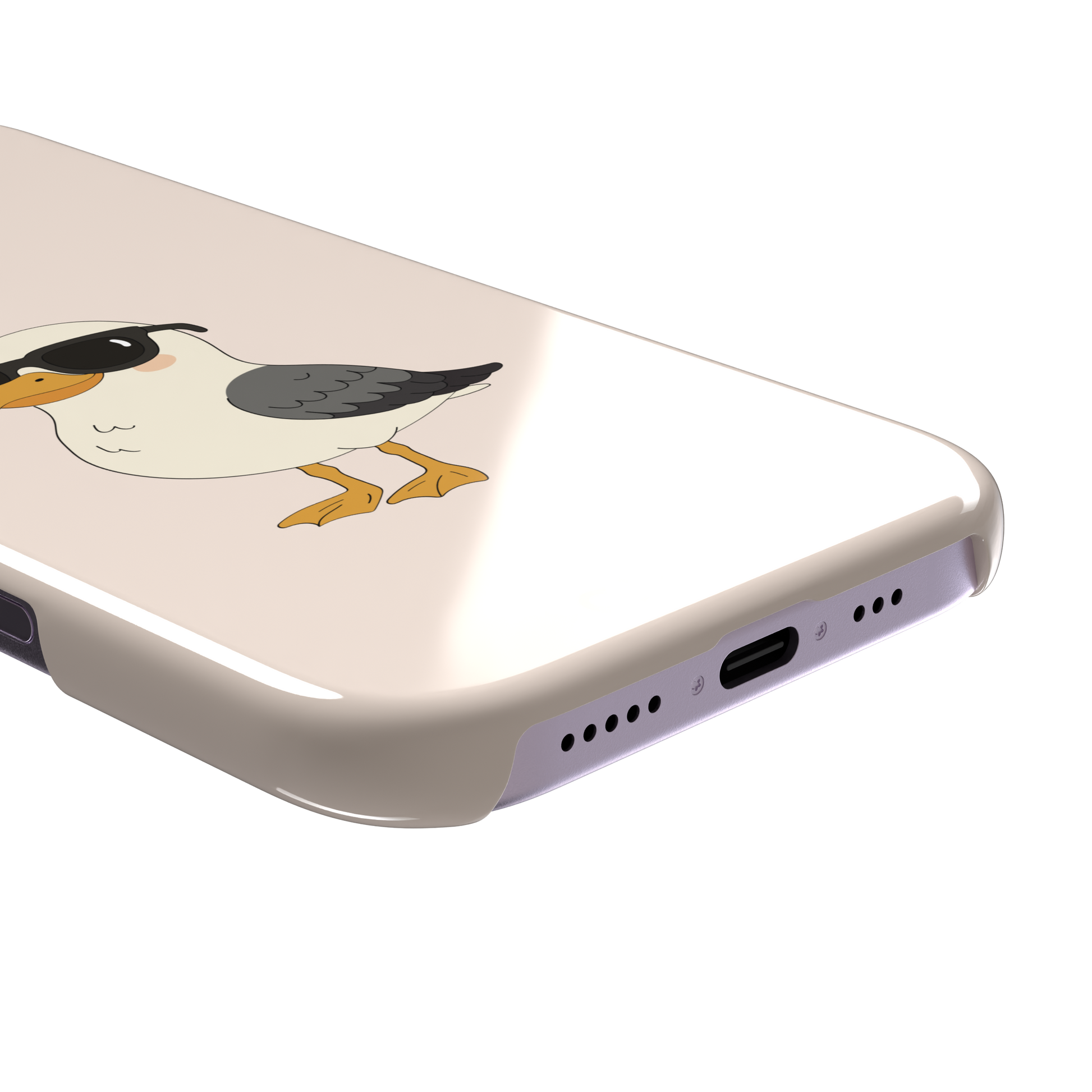 James Mc'Cool phone case featuring a chubby cartoon seagull wearing black sunglasses on a soft cream background, phone case by Caselier — snap case, charging port detail