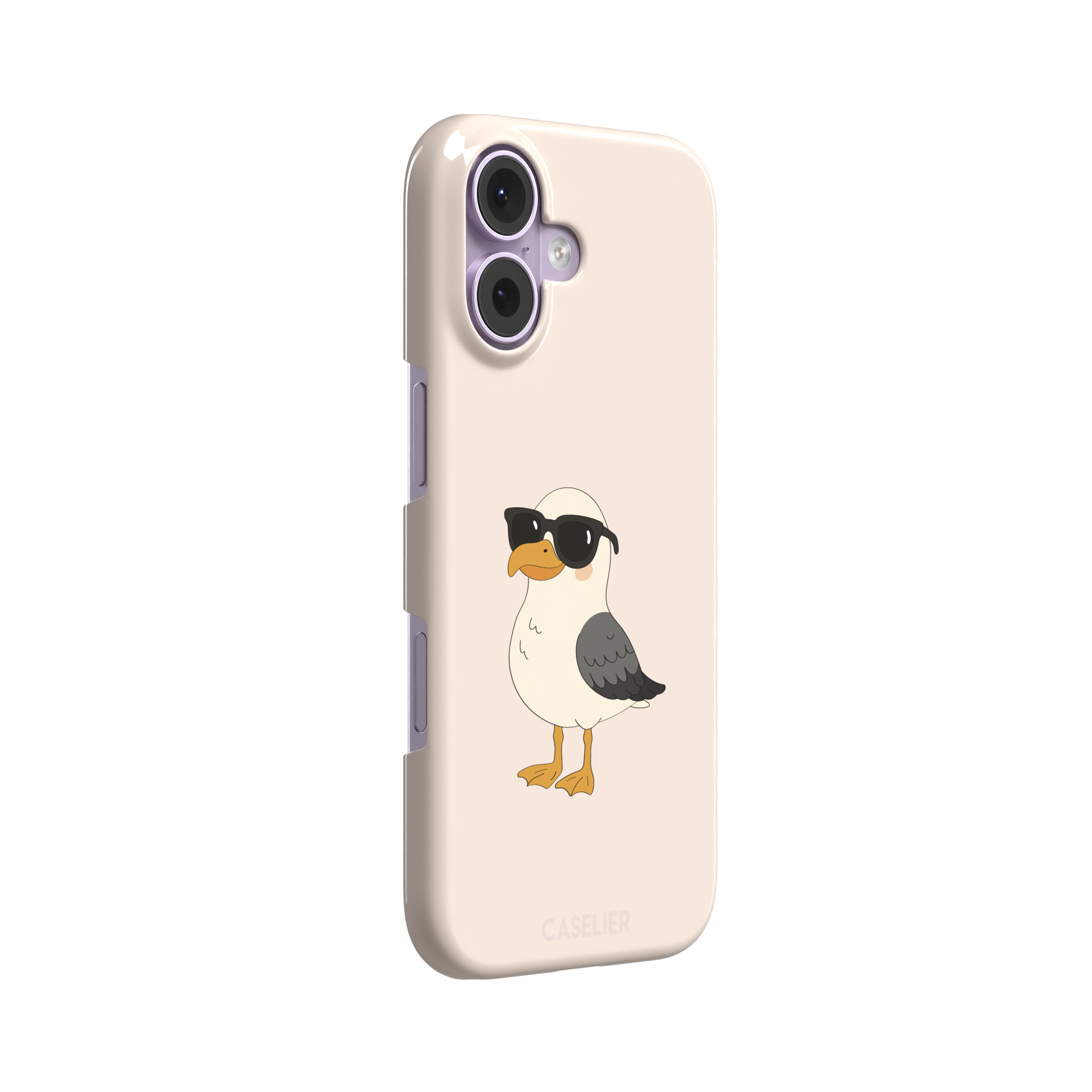 James Mc'Cool phone case featuring a chubby cartoon seagull wearing black sunglasses on a soft cream background, phone case by Caselier — snap case, left view