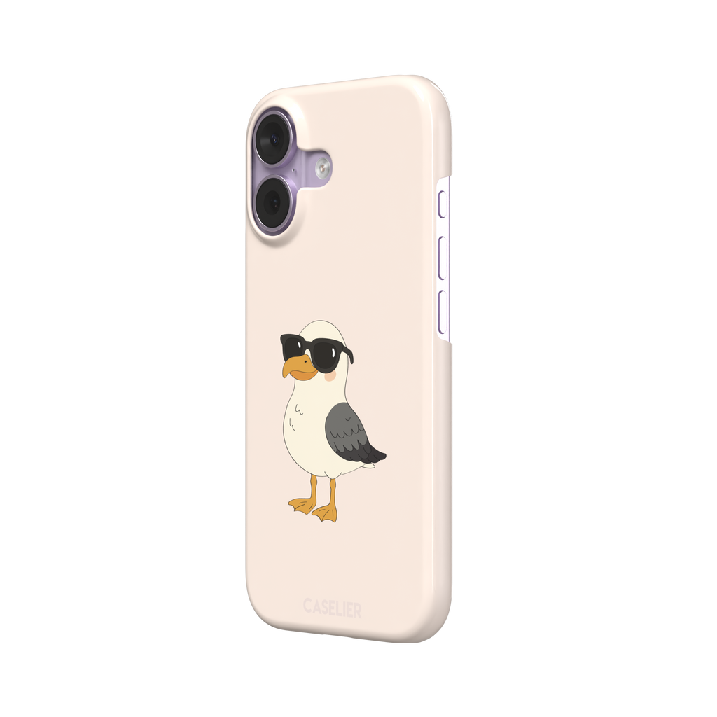 James Mc'Cool phone case featuring a chubby cartoon seagull wearing black sunglasses on a soft cream background, phone case by Caselier — snap case, right view