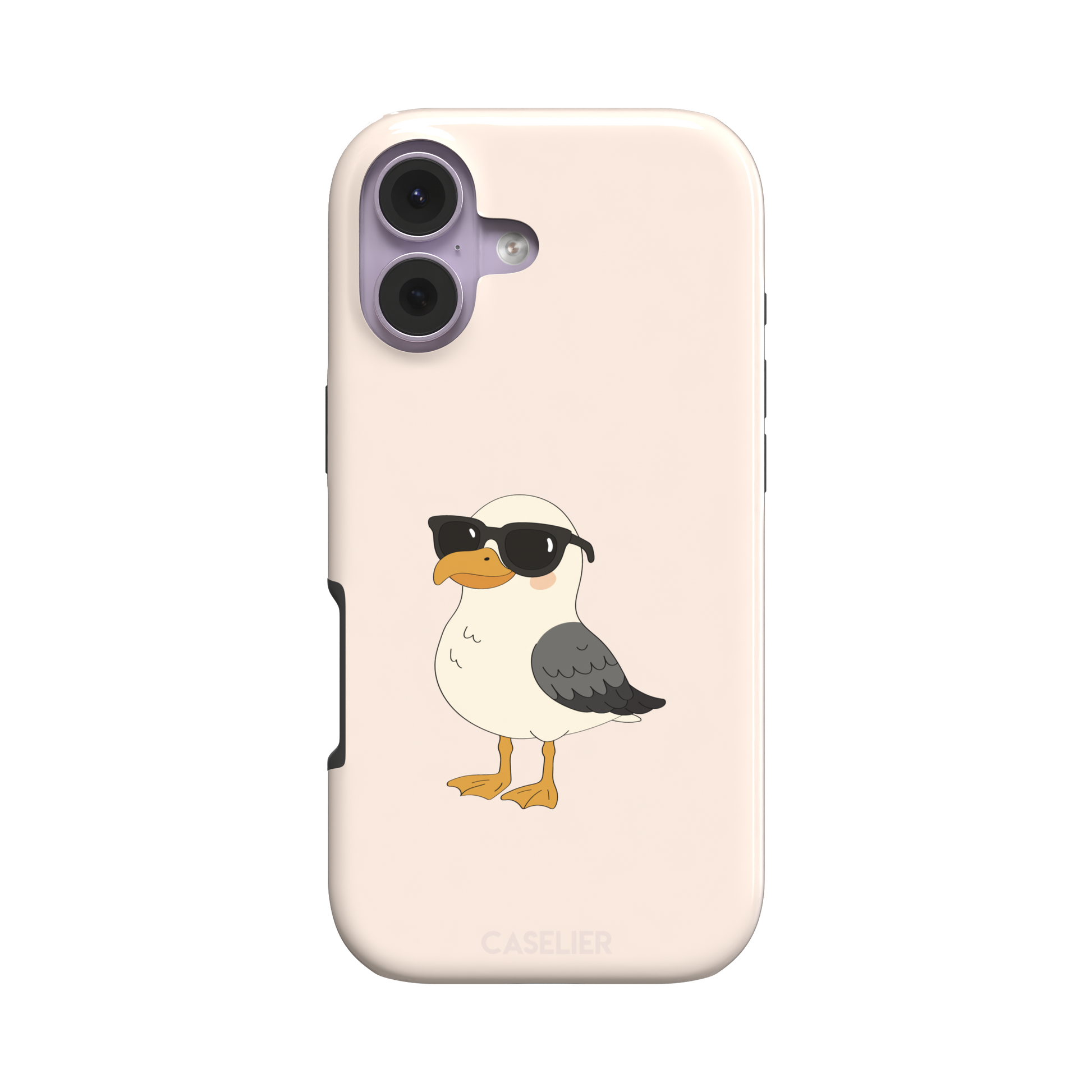 James Mc'Cool phone case featuring a chubby cartoon seagull wearing black sunglasses on a soft cream background, phone case by Caselier — tough case, front view