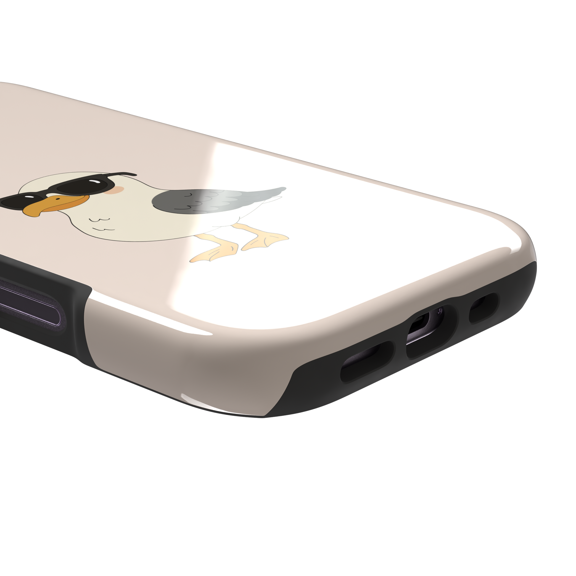 James Mc'Cool phone case featuring a chubby cartoon seagull wearing black sunglasses on a soft cream background, phone case by Caselier — tough case, charging port detail