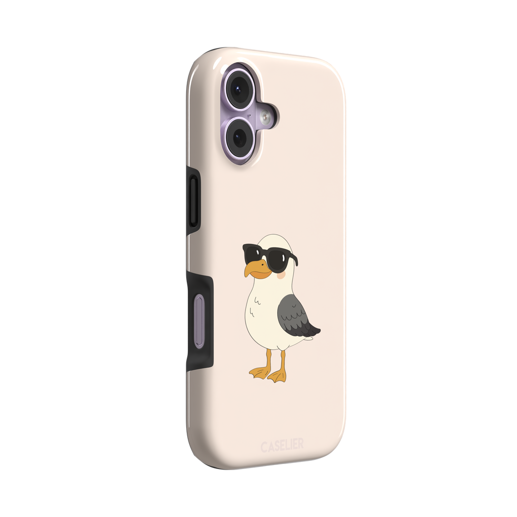 James Mc'Cool phone case featuring a chubby cartoon seagull wearing black sunglasses on a soft cream background, phone case by Caselier — tough case, left view