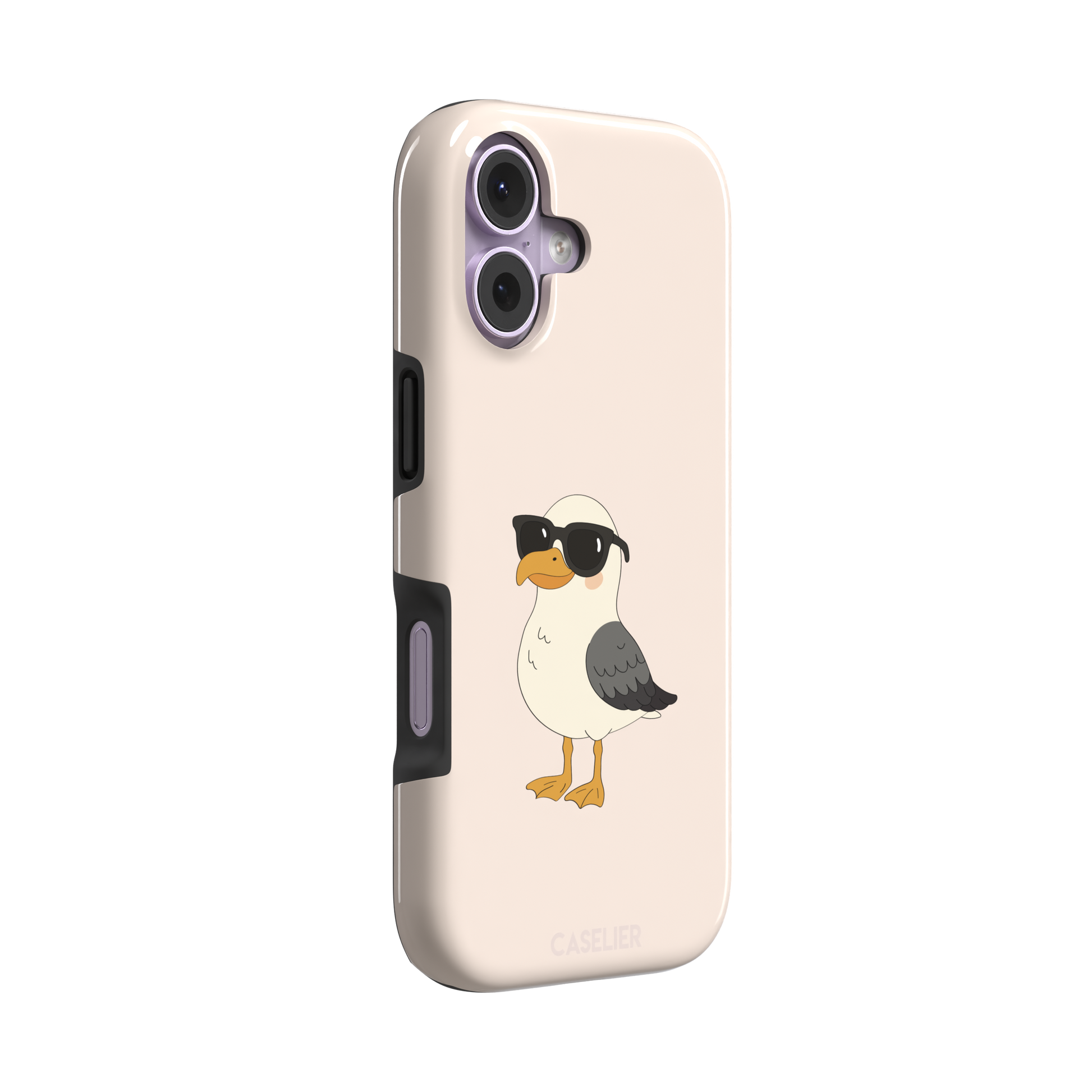 James Mc'Cool phone case featuring a chubby cartoon seagull wearing black sunglasses on a soft cream background, phone case by Caselier — tough case, left view