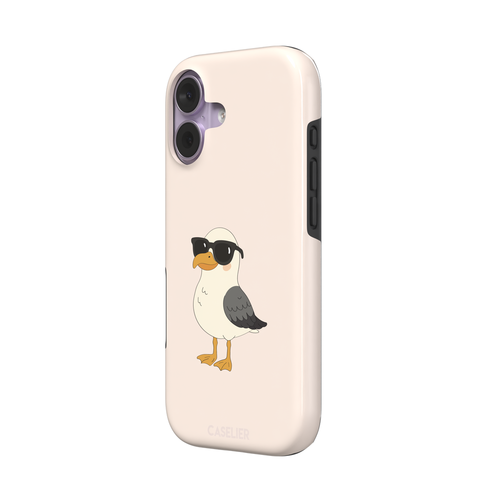 James Mc'Cool phone case featuring a chubby cartoon seagull wearing black sunglasses on a soft cream background, phone case by Caselier — tough case, right view