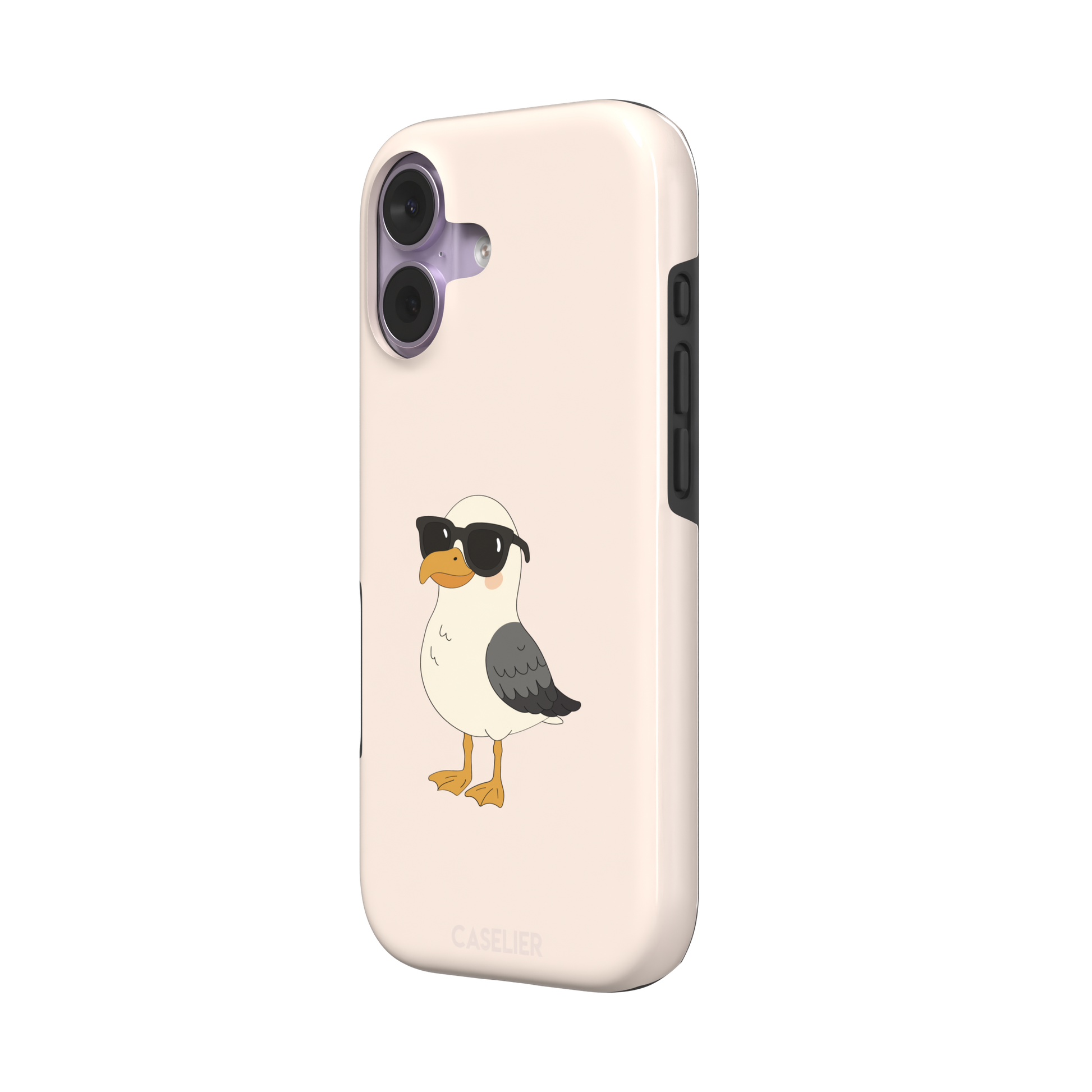 James Mc'Cool phone case featuring a chubby cartoon seagull wearing black sunglasses on a soft cream background, phone case by Caselier — tough case, right view