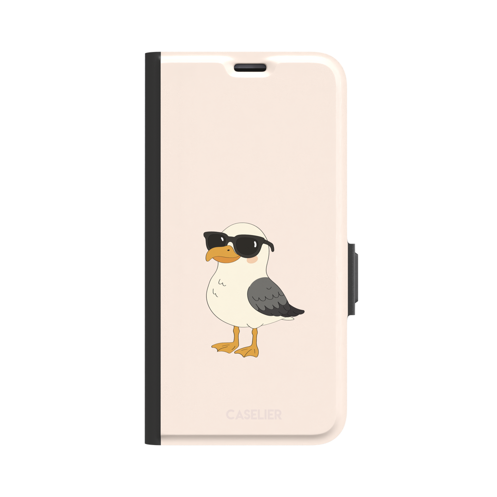 James Mc'Cool phone case featuring a chubby cartoon seagull wearing black sunglasses on a soft cream background, phone case by Caselier — wallet case, front view