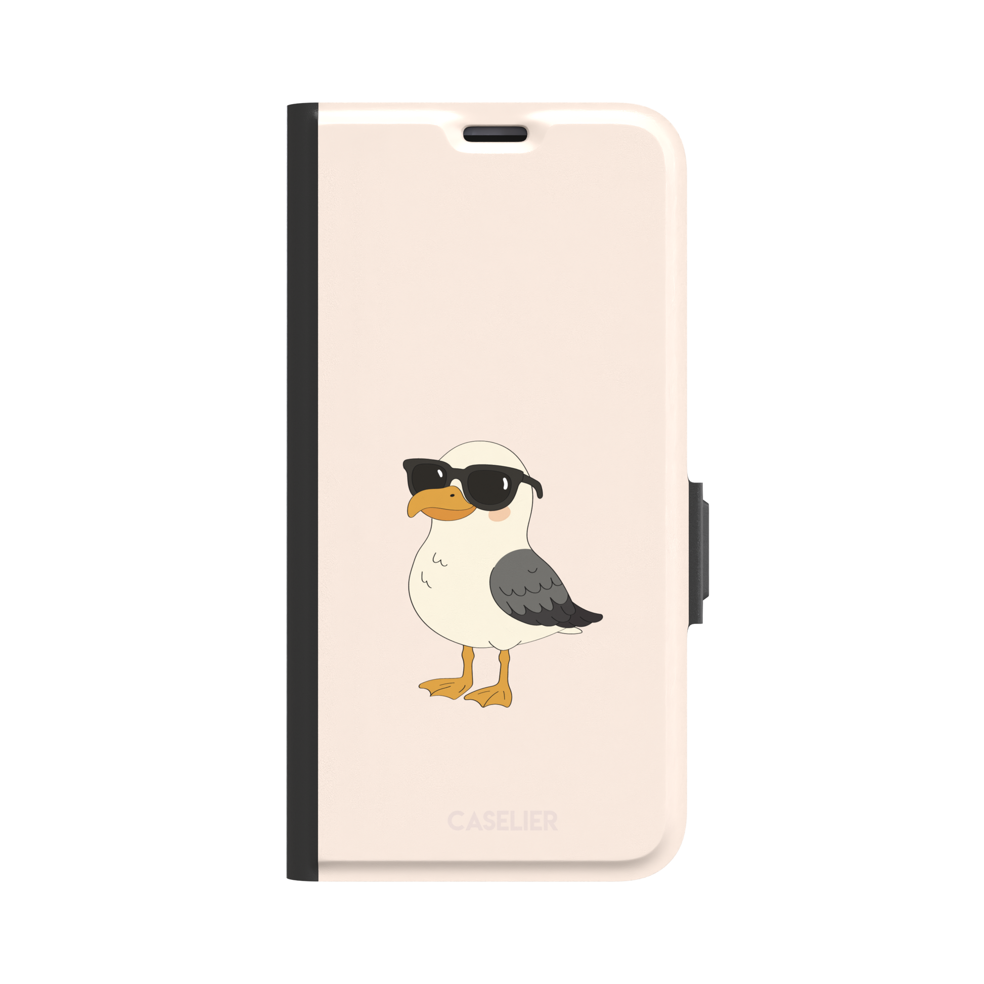 James Mc'Cool phone case featuring a chubby cartoon seagull wearing black sunglasses on a soft cream background, phone case by Caselier — wallet case, front view