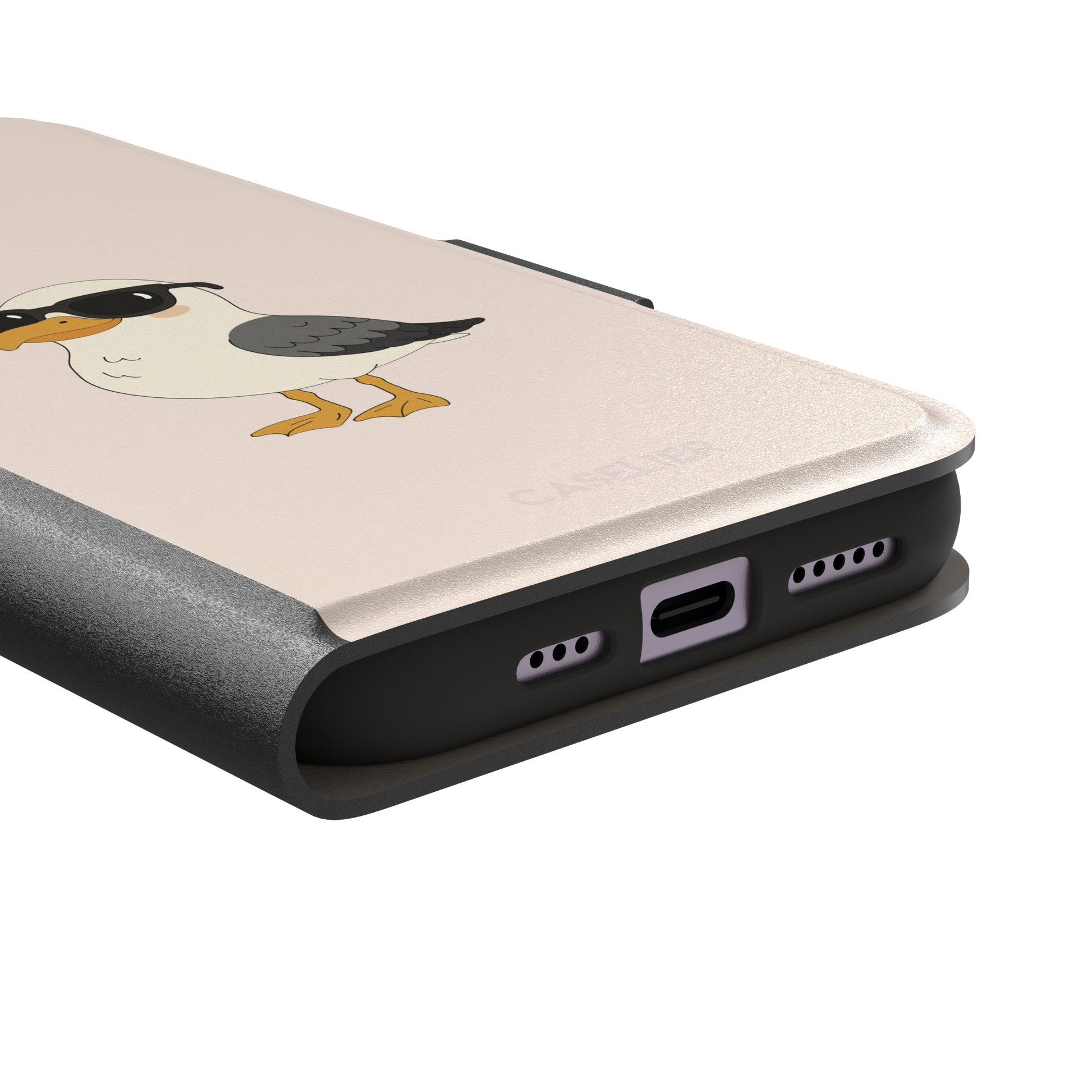 James Mc'Cool phone case featuring a chubby cartoon seagull wearing black sunglasses on a soft cream background, phone case by Caselier — wallet case, charging port detail