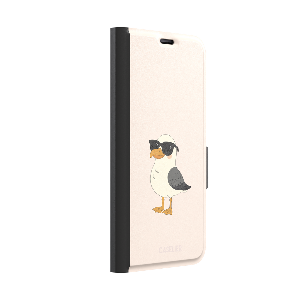 James Mc'Cool phone case featuring a chubby cartoon seagull wearing black sunglasses on a soft cream background, phone case by Caselier — wallet case, left view