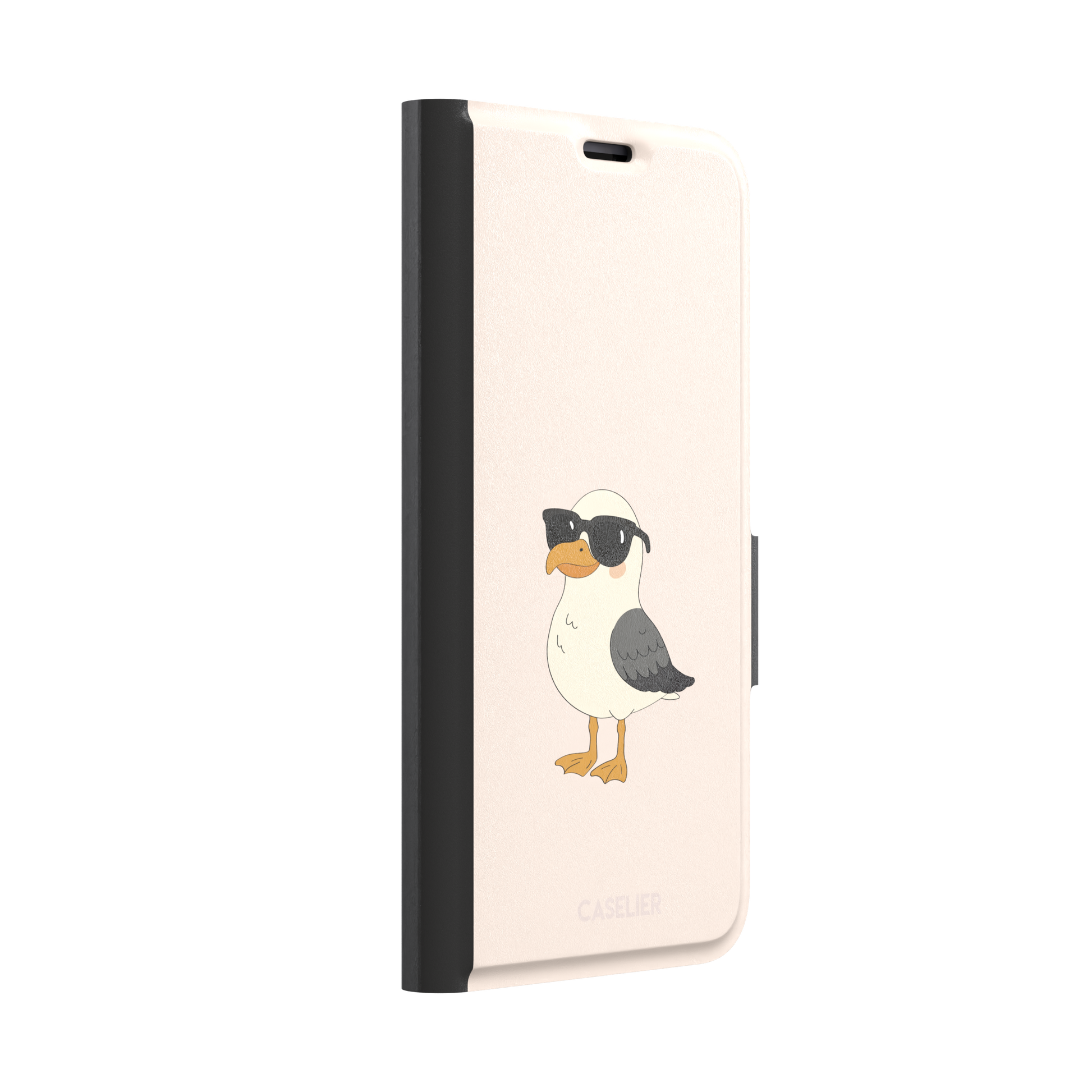 James Mc'Cool phone case featuring a chubby cartoon seagull wearing black sunglasses on a soft cream background, phone case by Caselier — wallet case, left view