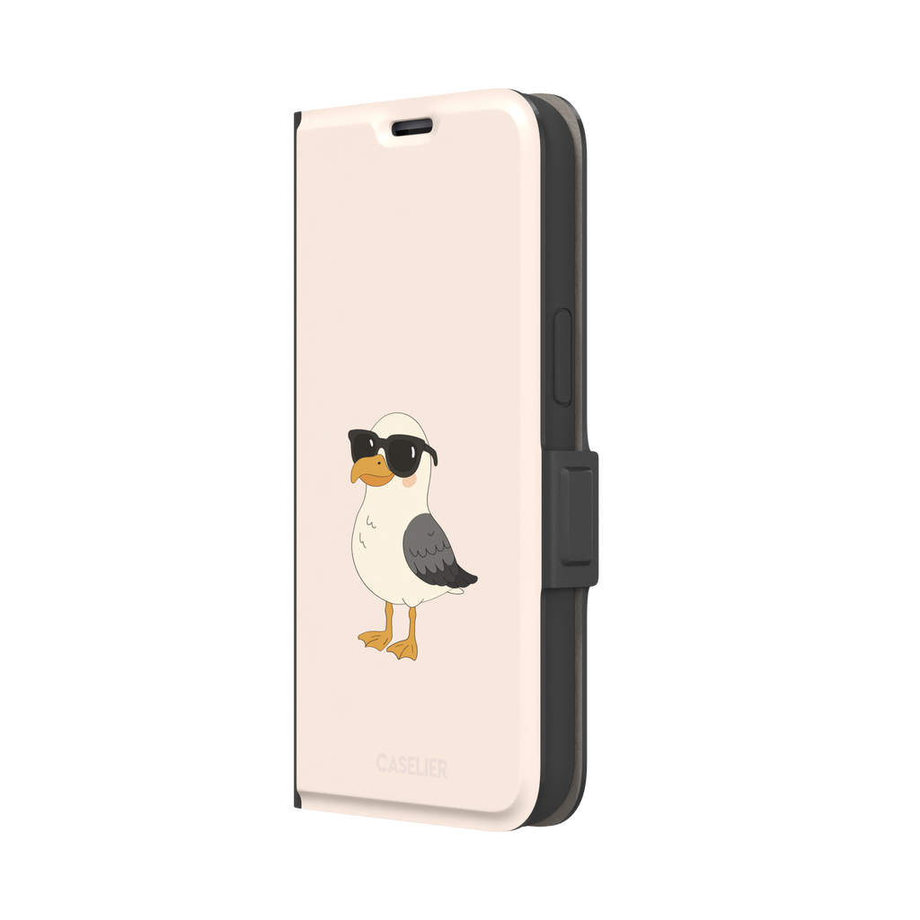 James Mc'Cool phone case featuring a chubby cartoon seagull wearing black sunglasses on a soft cream background, phone case by Caselier — wallet case, right view