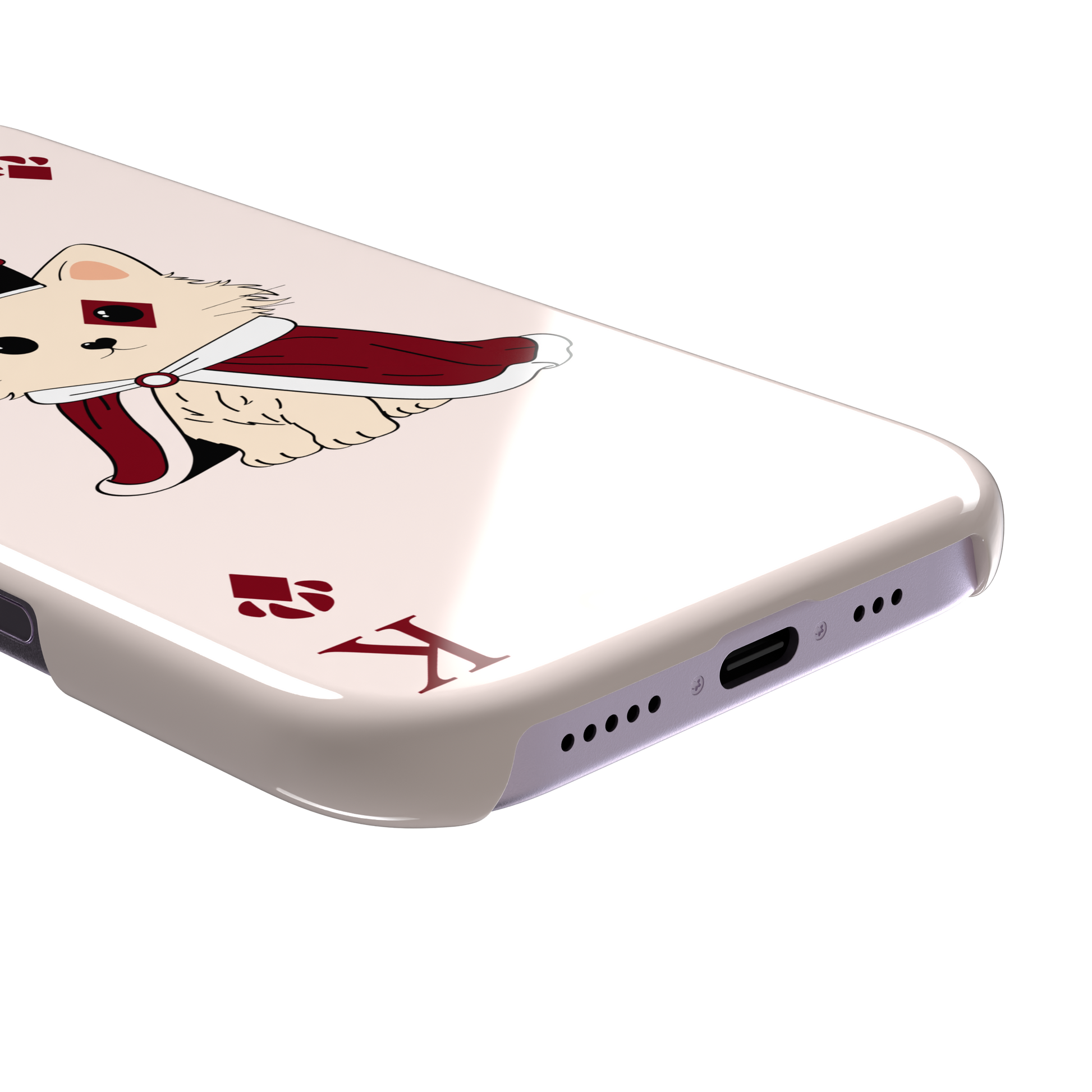 King of Diamonds phone case in blush pink from the Paw Decks collection, featuring a crowned fluffy dog in a deep red royal cape styled as a playing card, phone case by Caselier — snap case, charging port detail