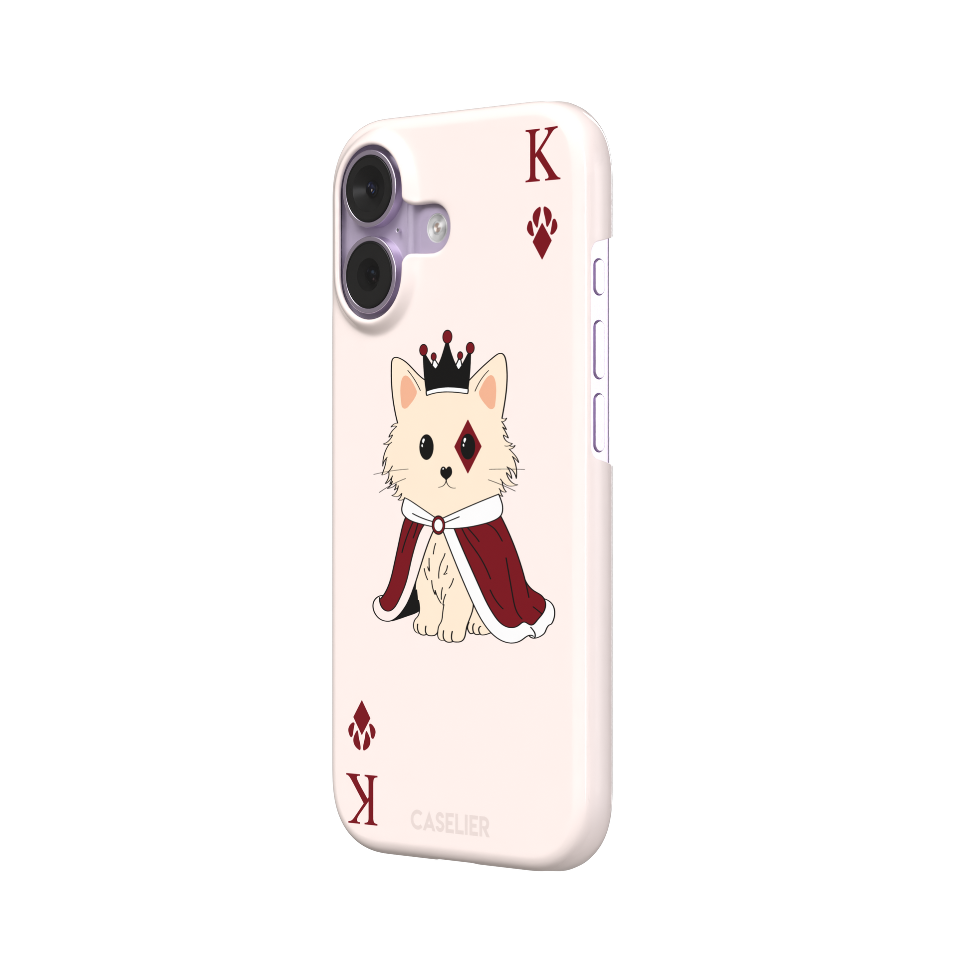 King of Diamonds phone case in blush pink from the Paw Decks collection, featuring a crowned fluffy dog in a deep red royal cape styled as a playing card, phone case by Caselier — snap case, right view