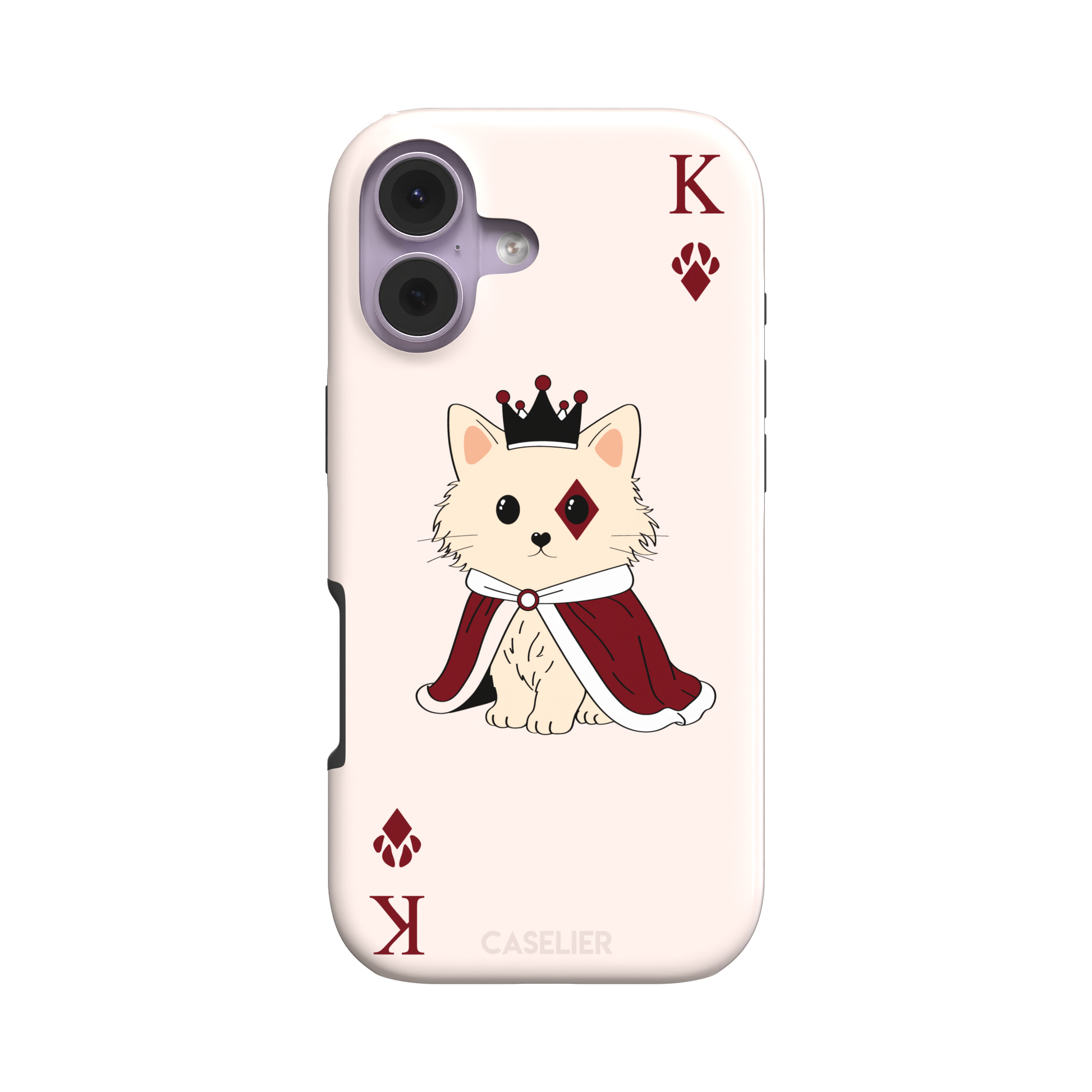 King of Diamonds phone case in blush pink from the Paw Decks collection, featuring a crowned fluffy dog in a deep red royal cape styled as a playing card, phone case by Caselier — tough case, front view