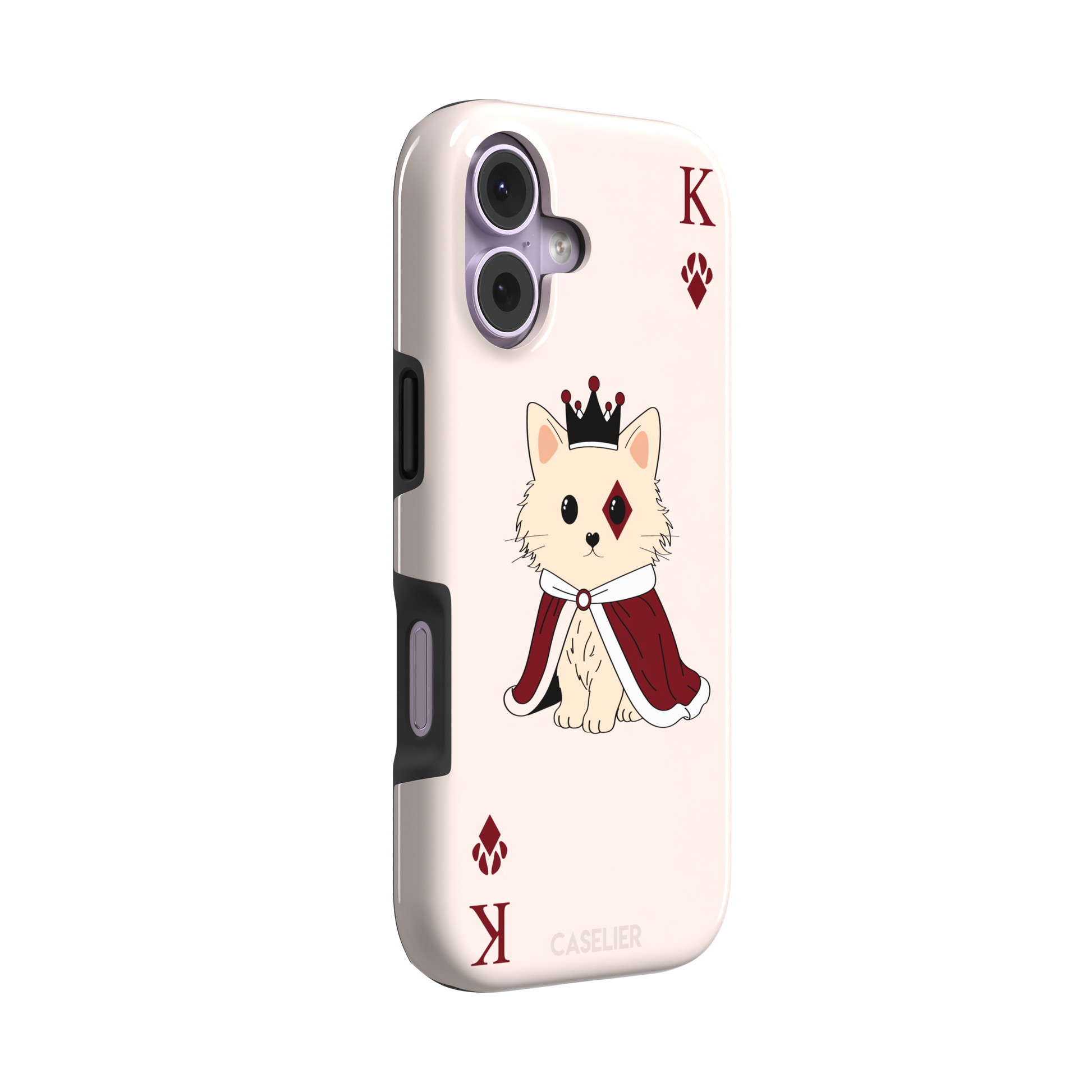 King of Diamonds phone case in blush pink from the Paw Decks collection, featuring a crowned fluffy dog in a deep red royal cape styled as a playing card, phone case by Caselier — tough case, left view